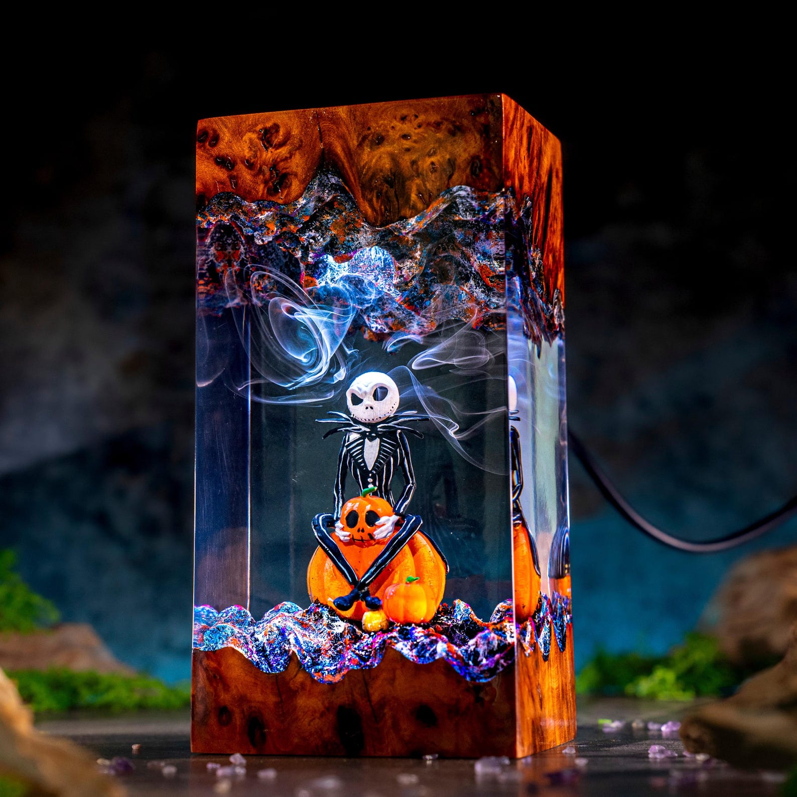 Halloween Resin Epoxy Night Lamp – Spooky Hand, Bats & Pumpkin Gothic Home Decor Light