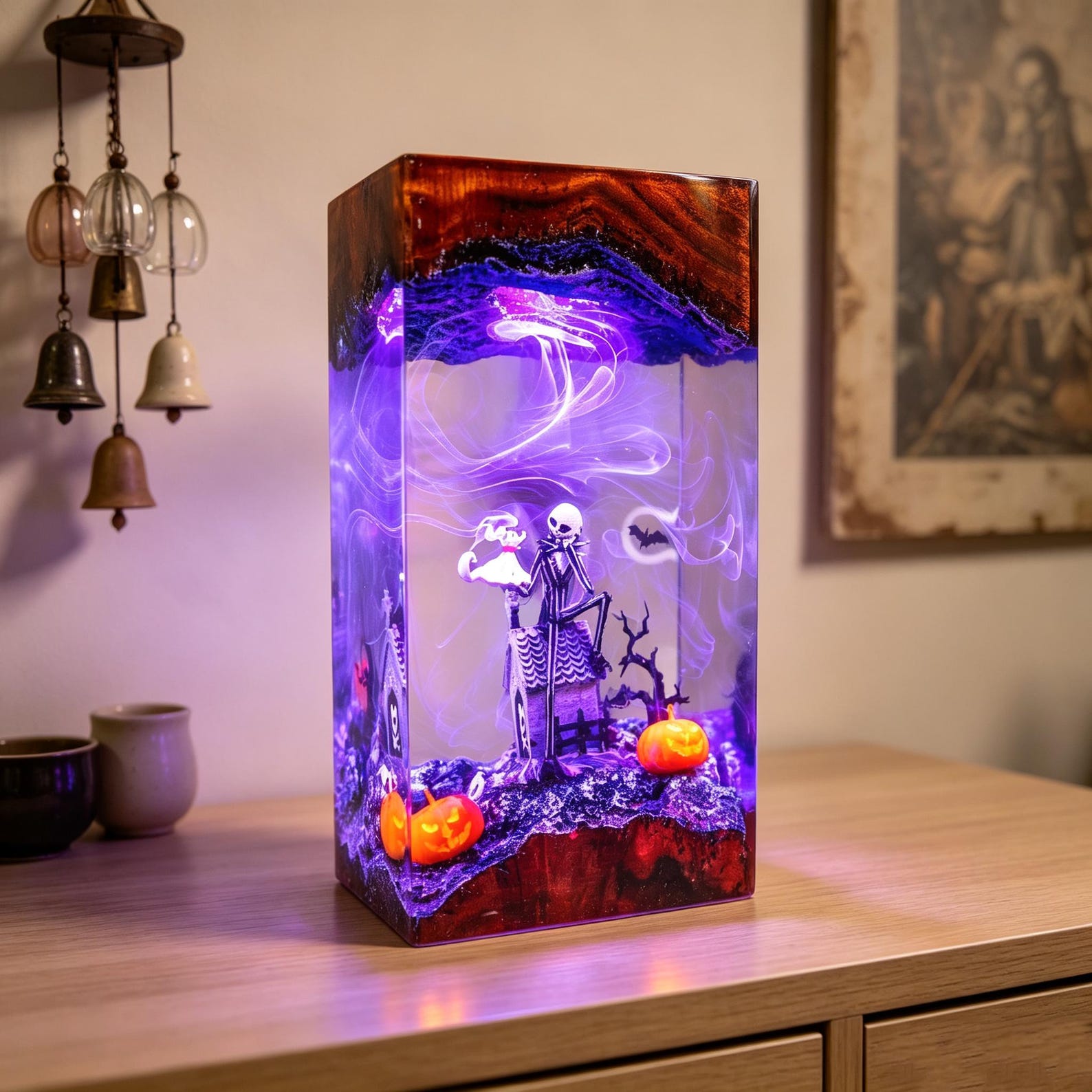 Halloween Resin Epoxy Night Lamp – Spooky Hand, Bats & Pumpkin Gothic Home Decor Light