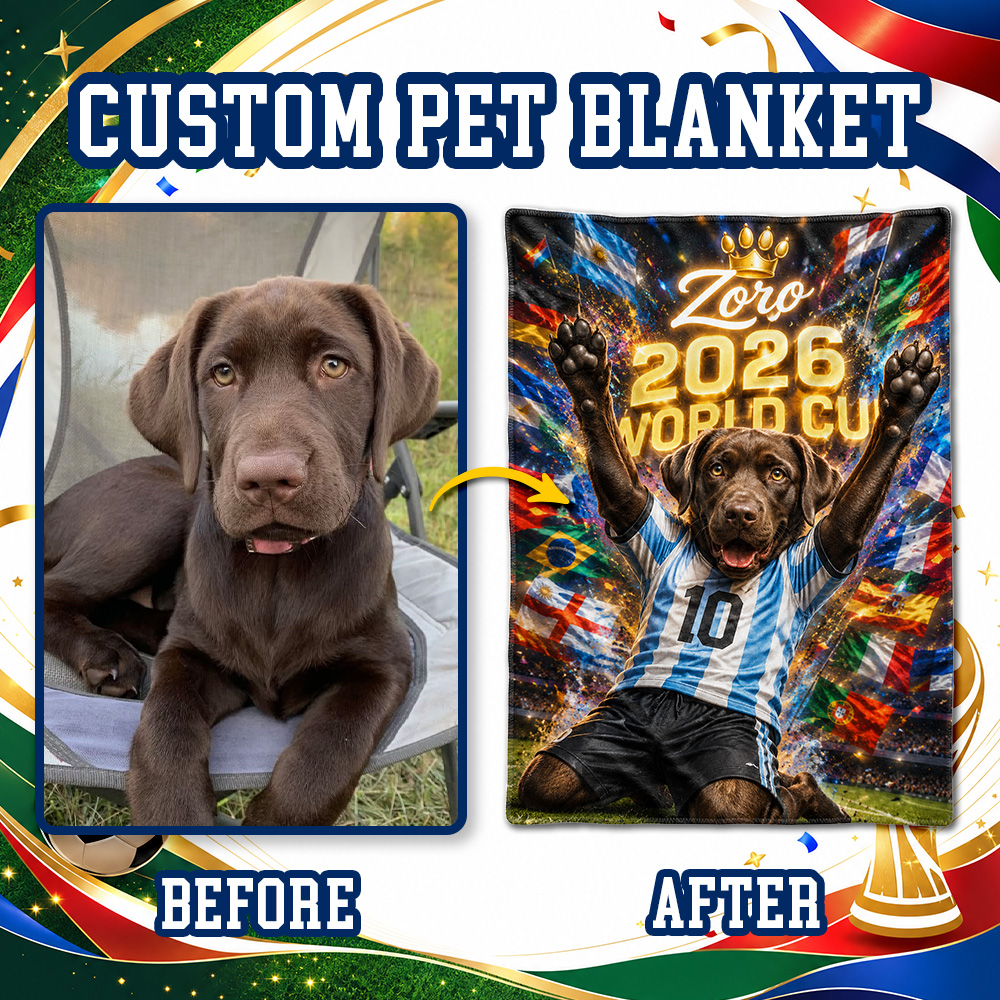 Custom Pet Portrait 2026 World Cup Soccer Blanket, Printed Pet Name Team Blankets