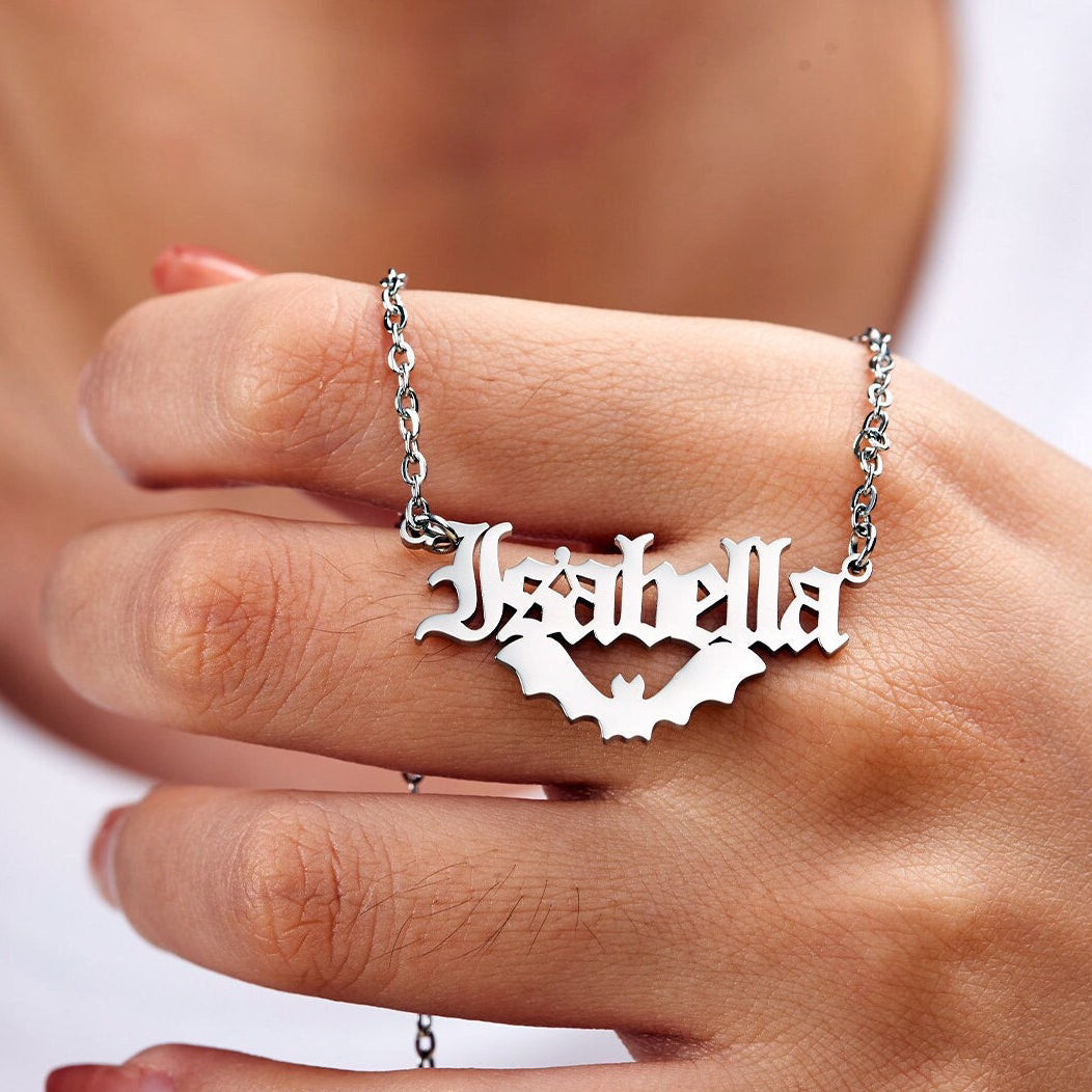 Personalized Bat Name Necklace Gothic Style