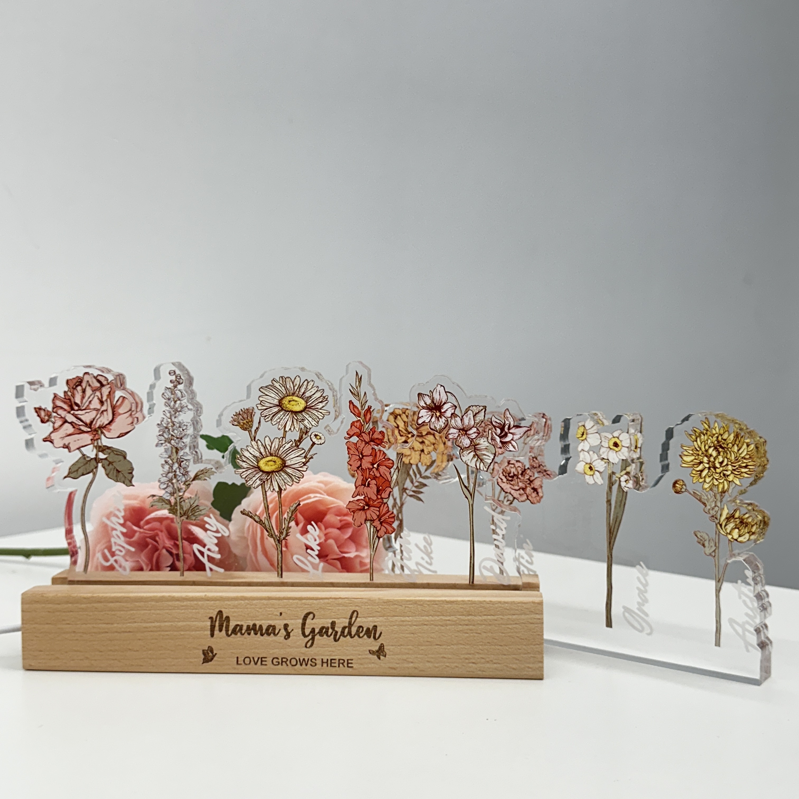 50%OFF❤️Personalized Mom's Garden Birth Flowers 3D 15mm Thick Acrylic Crystal Light