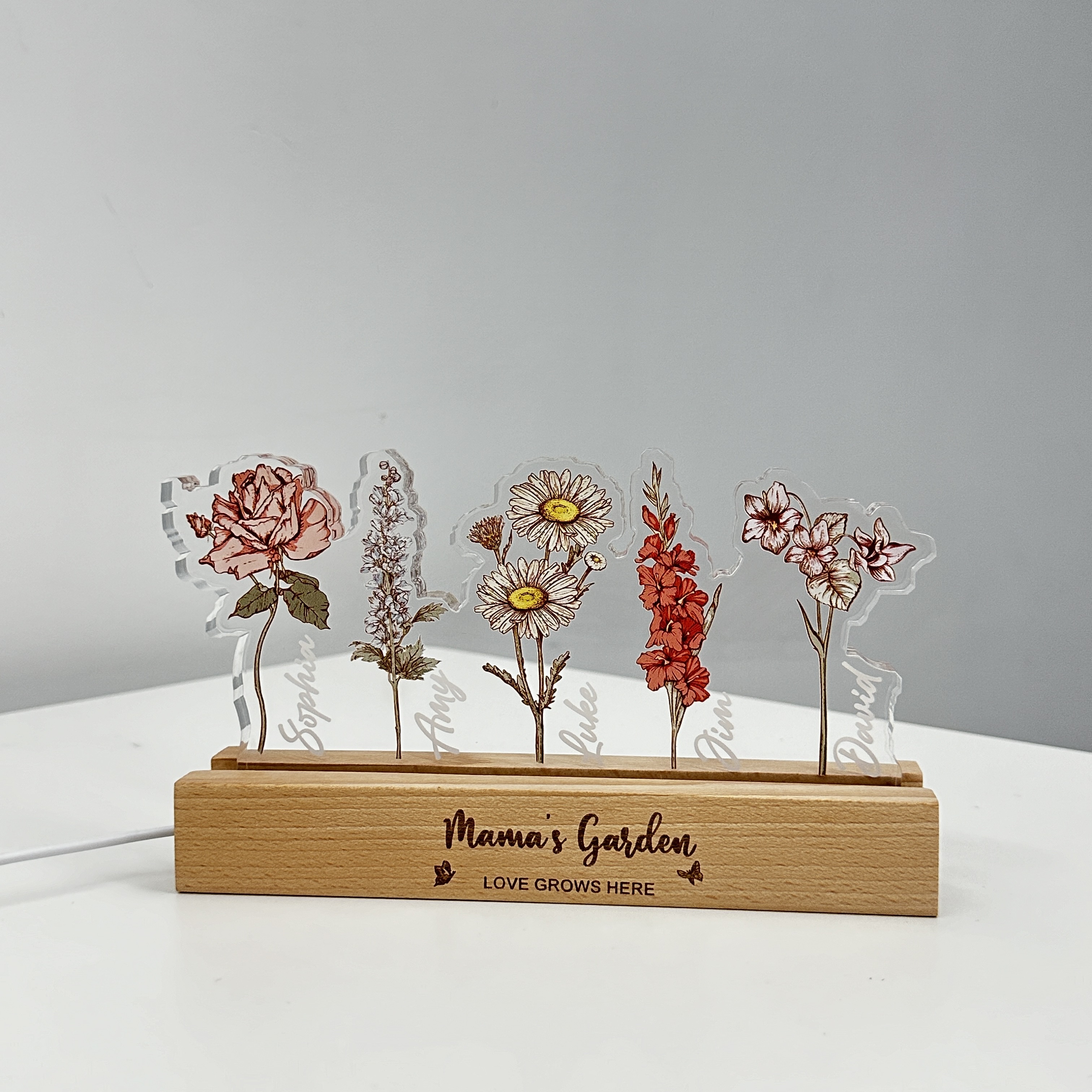 50%OFF❤️Personalized Mom's Garden Birth Flowers 3D 15mm Thick Acrylic Crystal Light