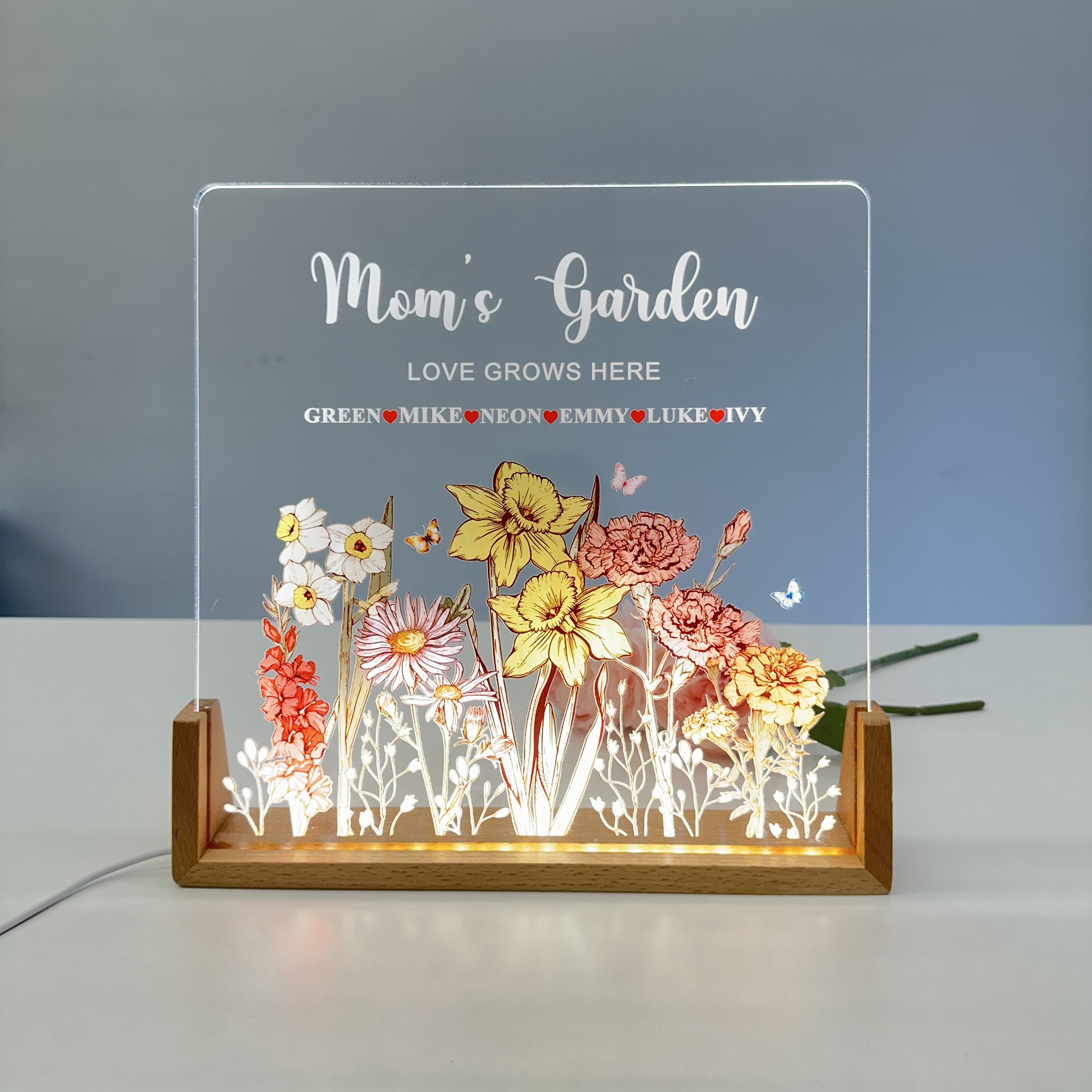 50%OFF❤️Customized Mom's Garden Birth Month Flower Cluster Square LED Light 