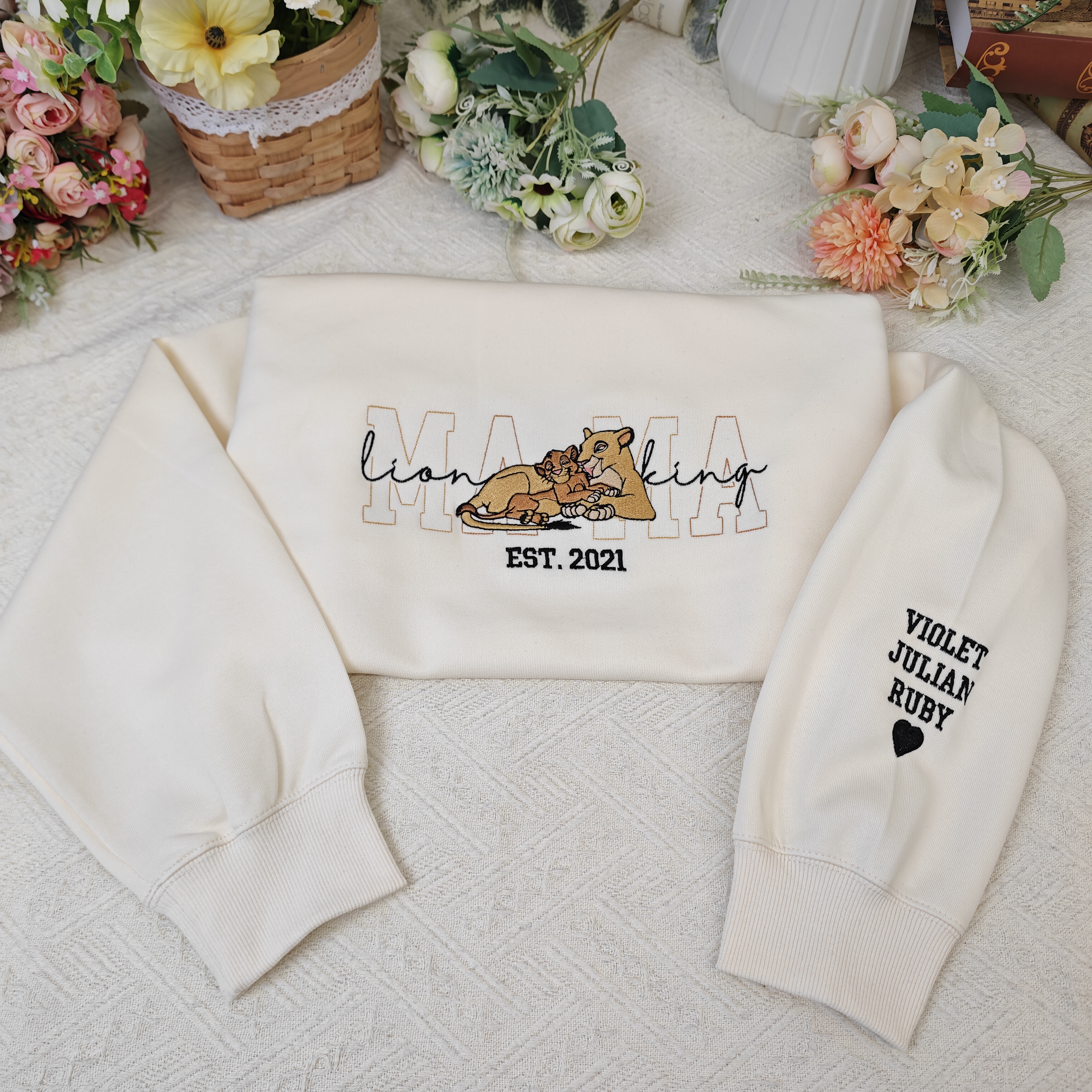 50% OFF 🦁 Custom Lion King Embroidered Mama Sweatshirt – Personalized Name & Year Crewneck Gift for Moms