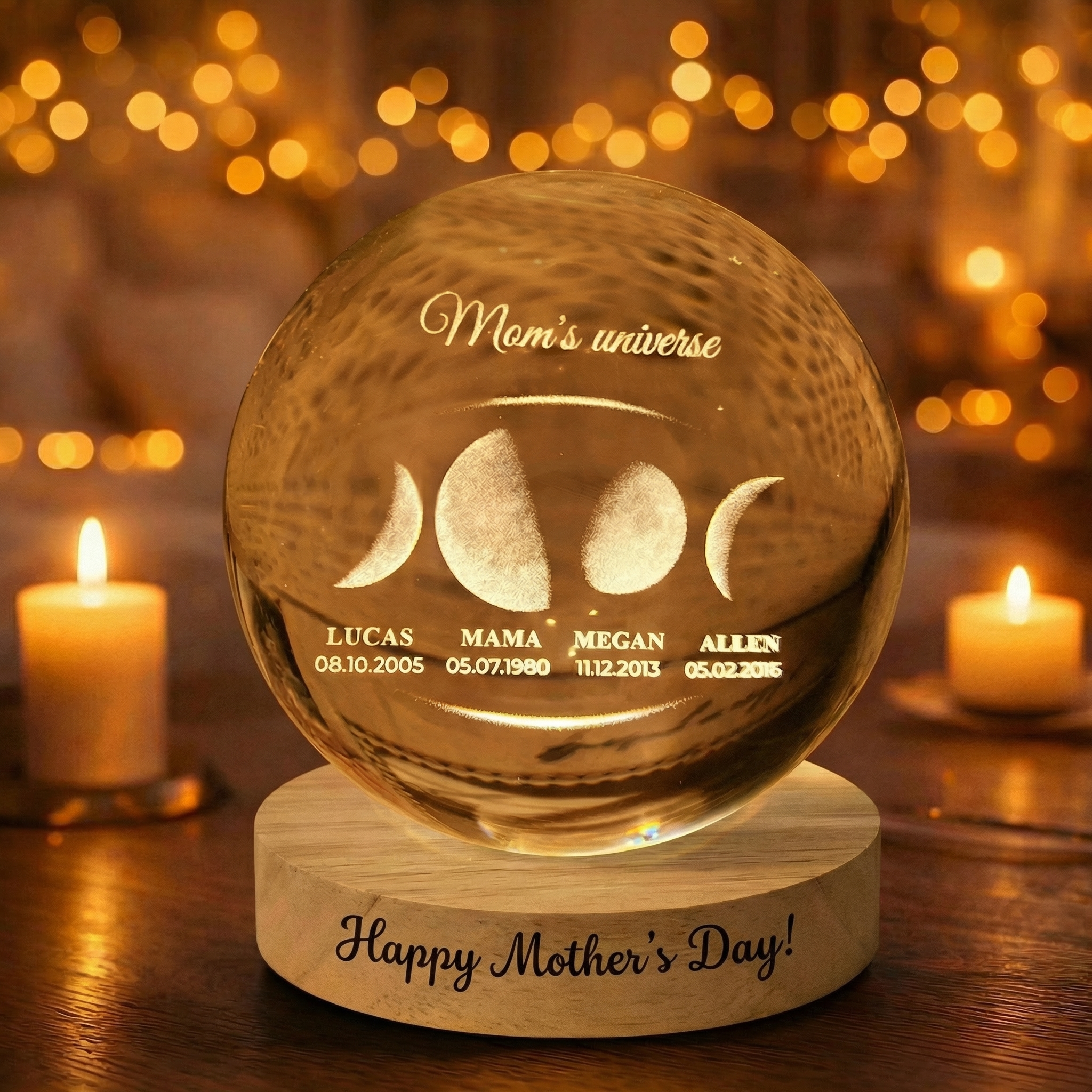 Personalized Moon Phase By Date Crystal Ball LED Night Light With Kids Name Mother's Day Gift For Mom