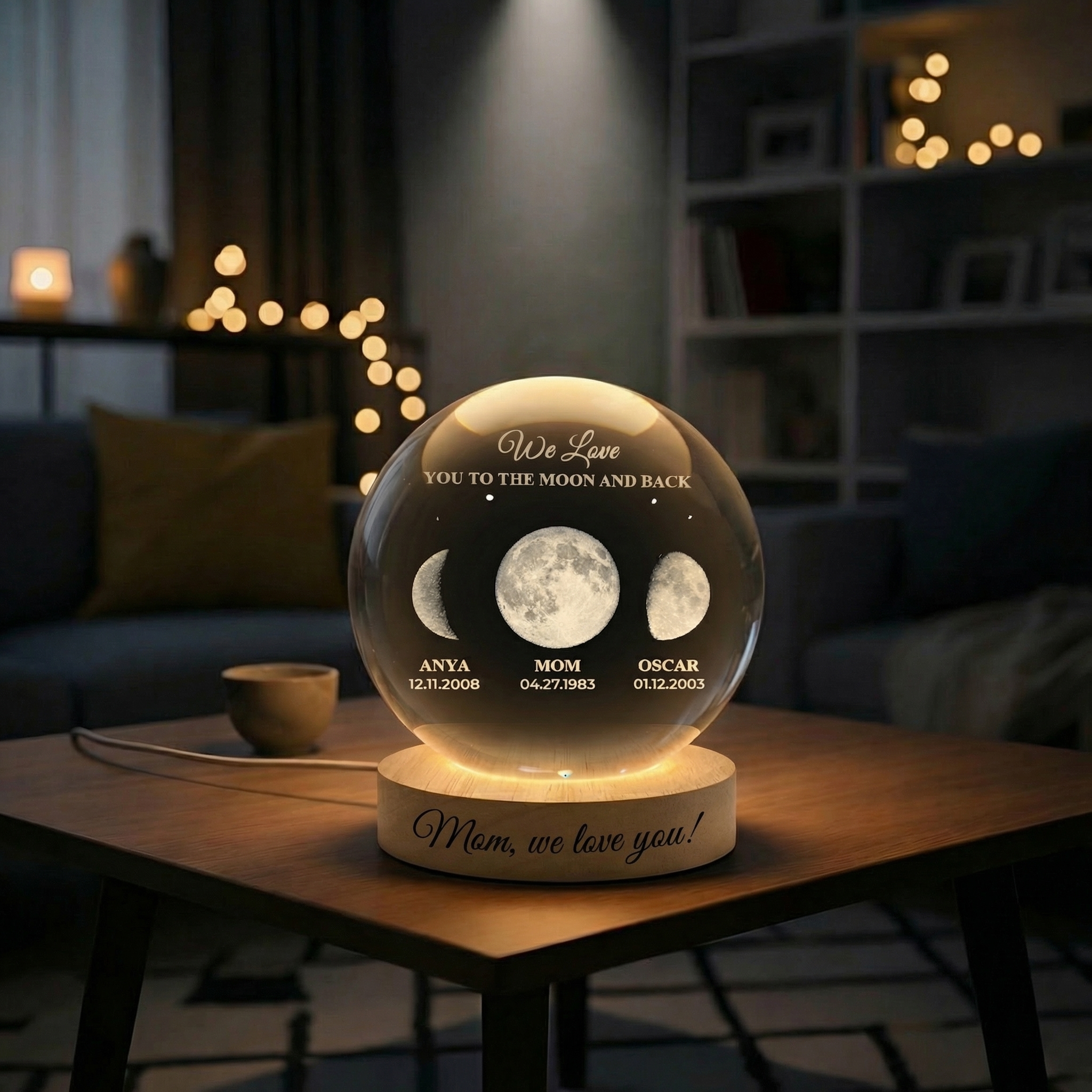 Personalized Moon Phase By Date Crystal Ball LED Night Light With Kids Name Mother's Day Gift For Mom