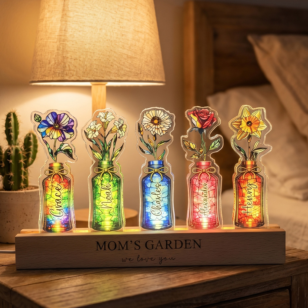 Mom's Garden Custom Birth Flower&Name 3D 15mm Thick Crystal Acrylic Light