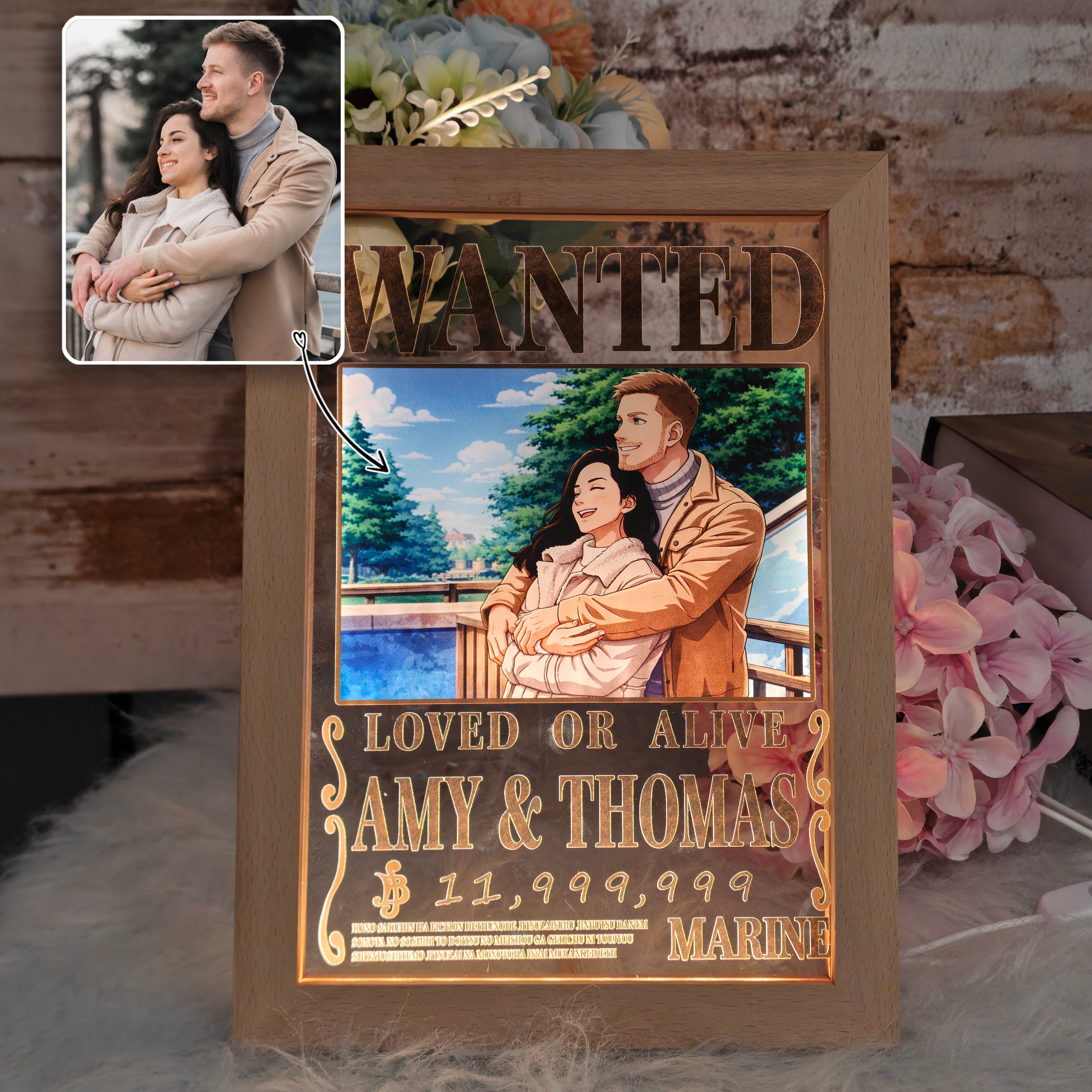 50%OFF⭐️ Custom Anime Wanted Couple Portrait, Pirate Theme LED Frame Gift⚓