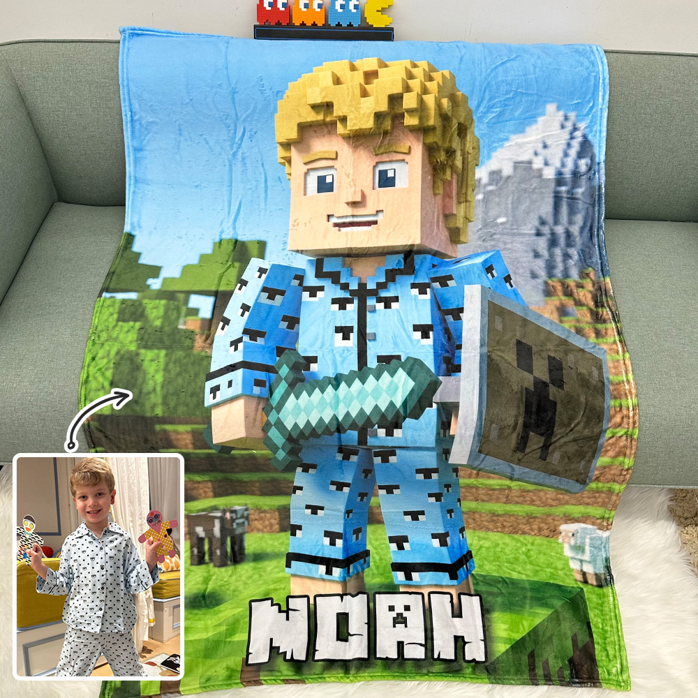 Custom Minecraft Pixel-Style Blanket with Face & Name