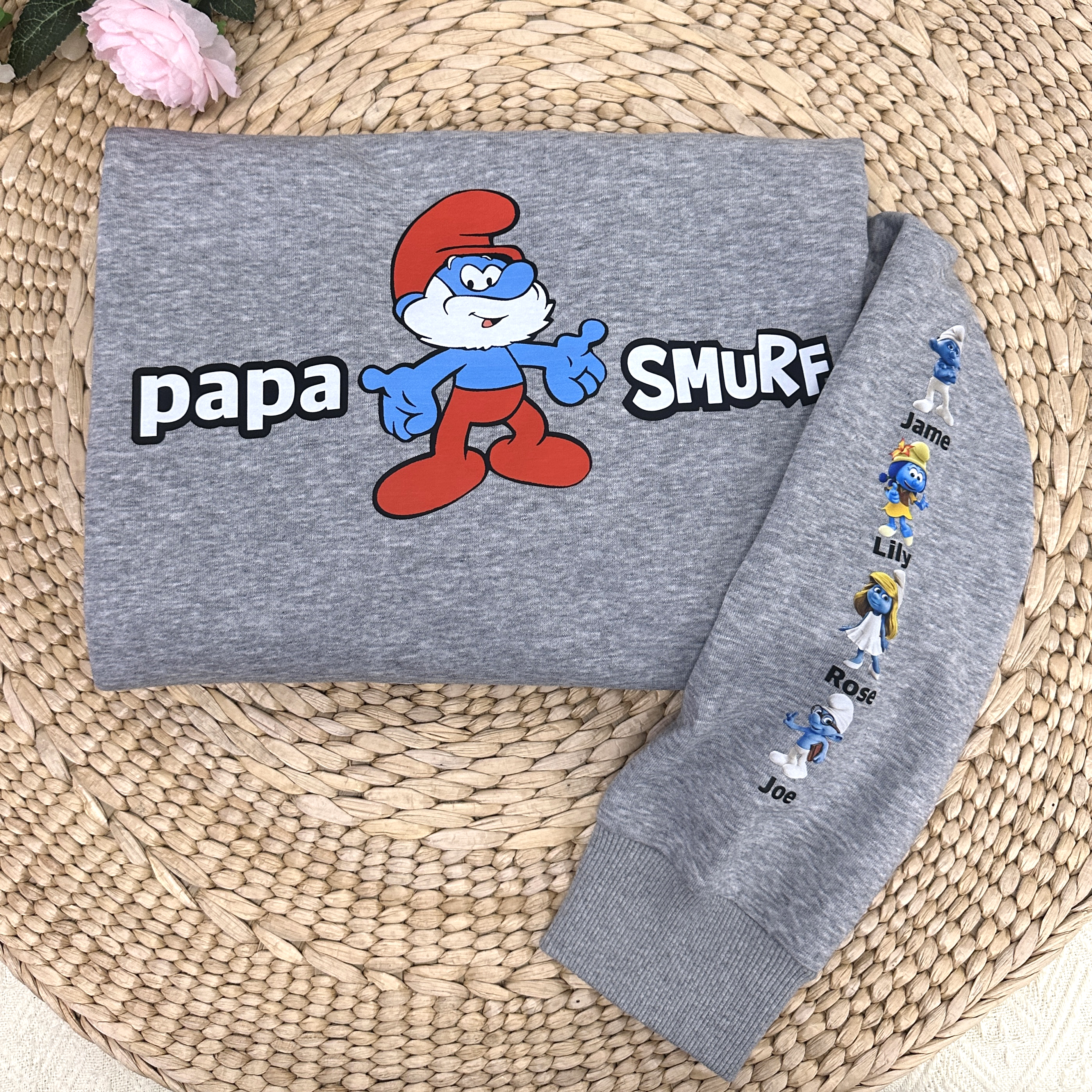 50% OFF✨Custom Papa  Smuef Sweatshirt, with Kid Name on Sleeve Sweatshirt