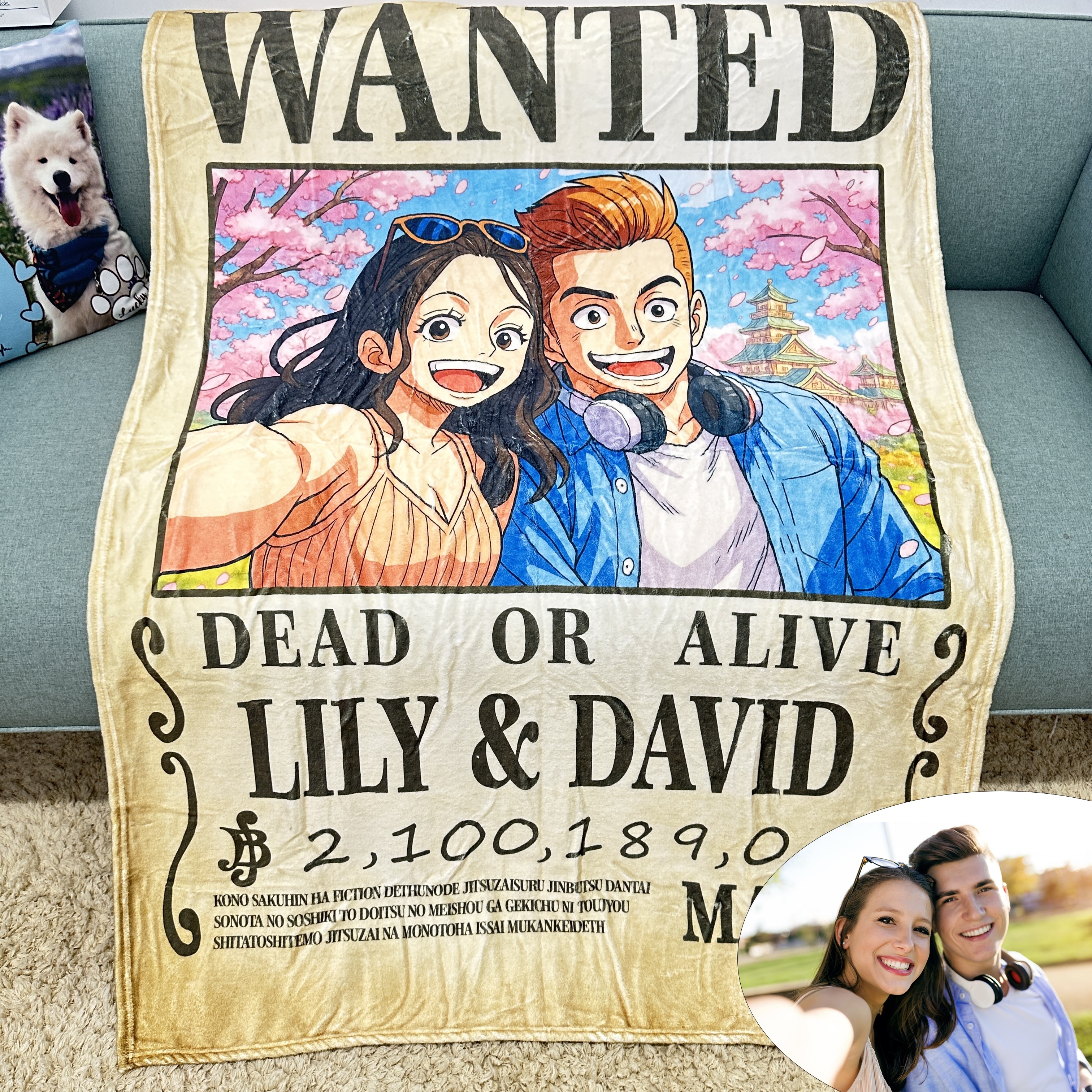Custom Anime Wanted Couple Portrait Blanket, Pirate Theme Blanket Gift⚓