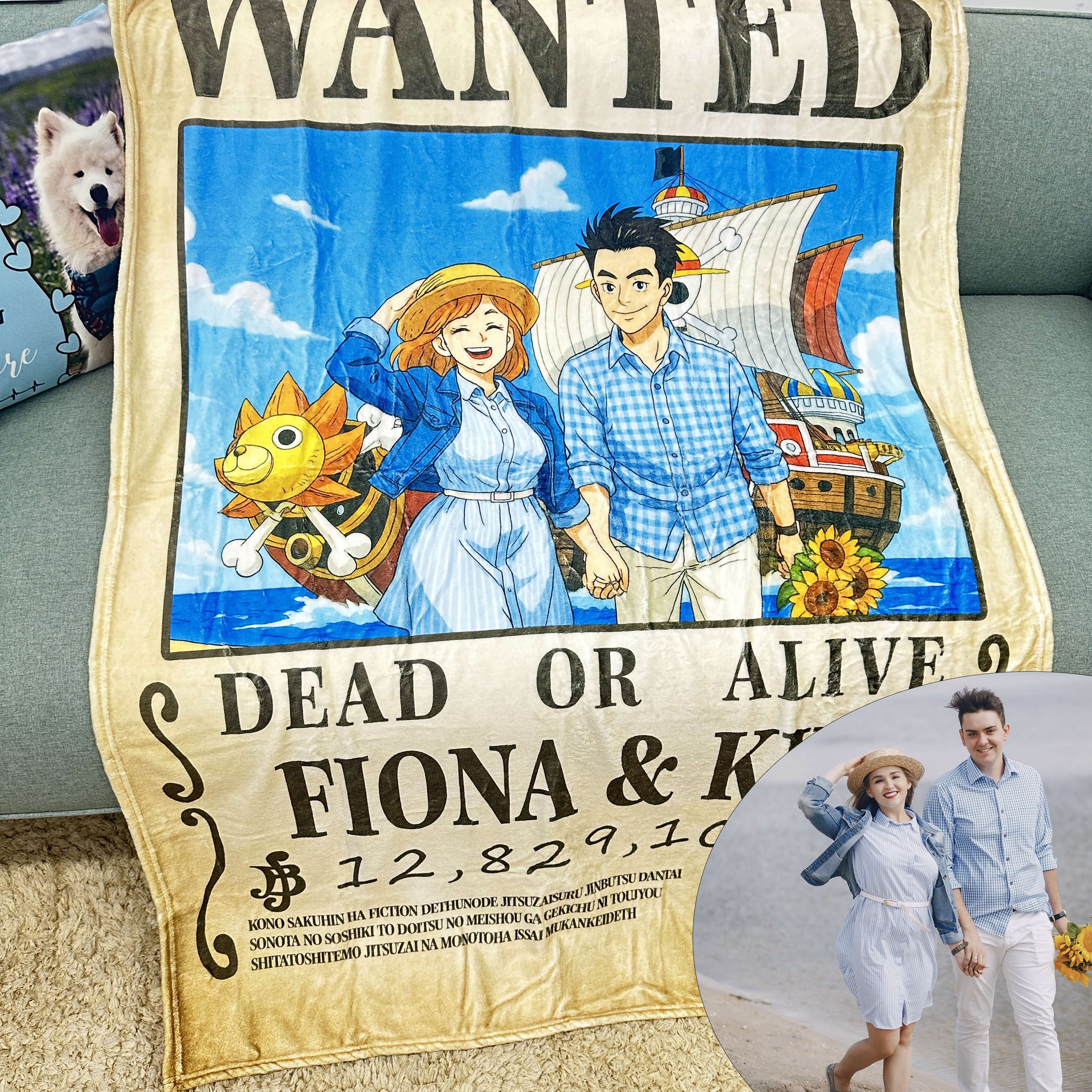Custom Anime Wanted Couple Portrait Blanket, Pirate Theme Blanket Gift⚓