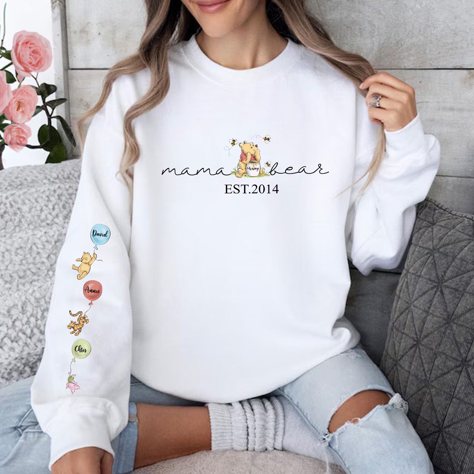 50% OFF🌈Custom Mama Bear Sweatshirt, Mama Est with Kid Name on Sleeve Sweatshirt
