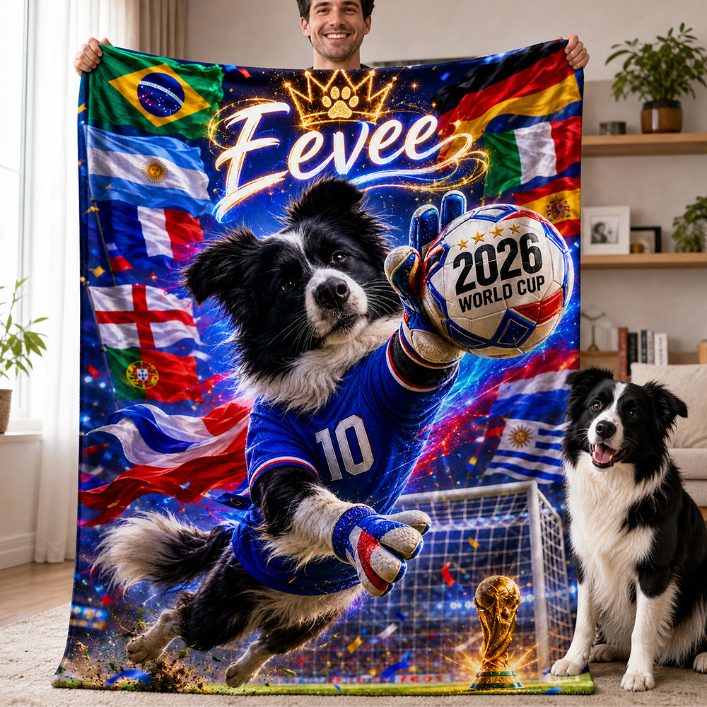 Custom Pet Portrait 2026 World Cup Soccer Blanket, Printed Pet Name Team Blankets
