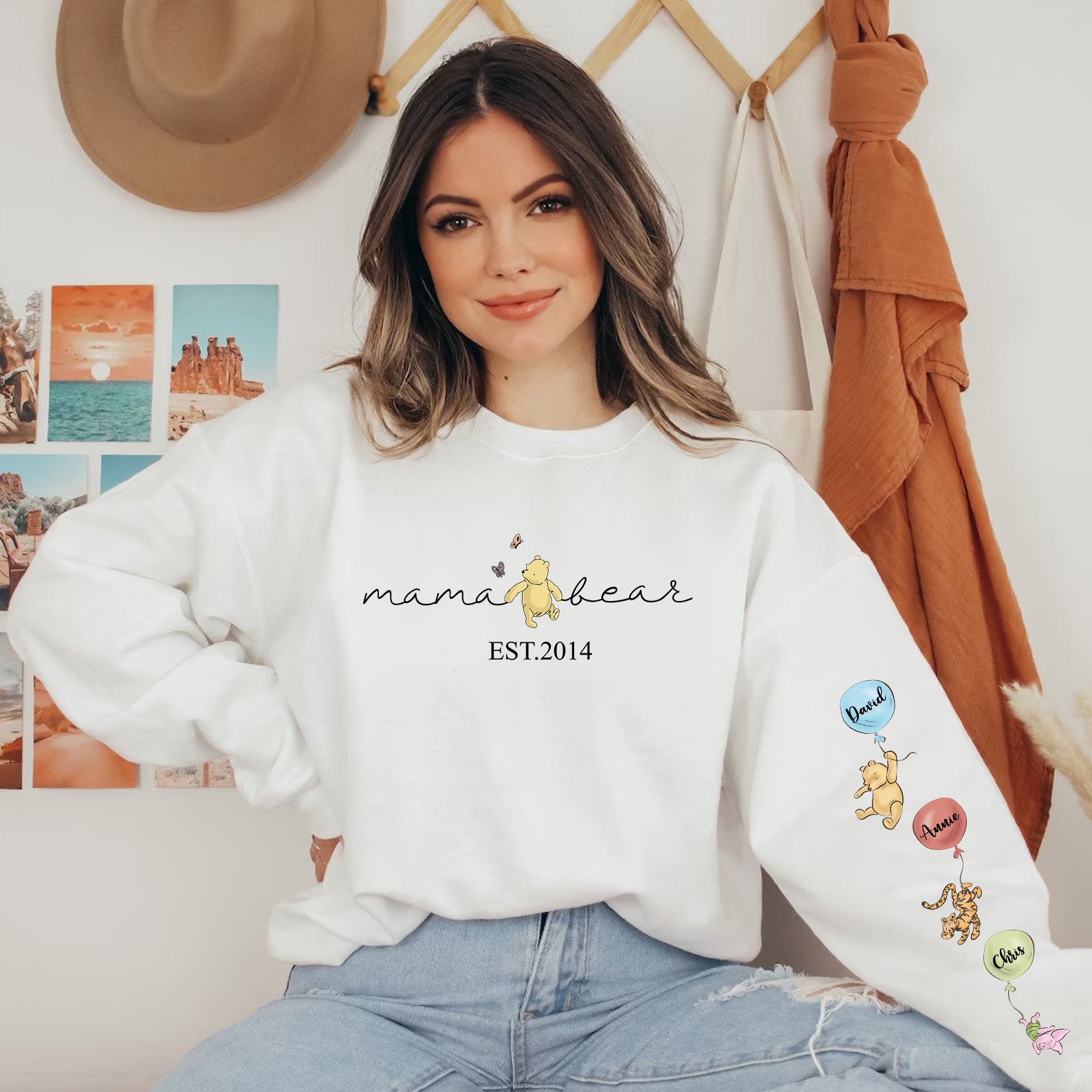 50% OFF🌈Custom Mama Bear Sweatshirt, Mama Est with Kid Name on Sleeve Sweatshirt