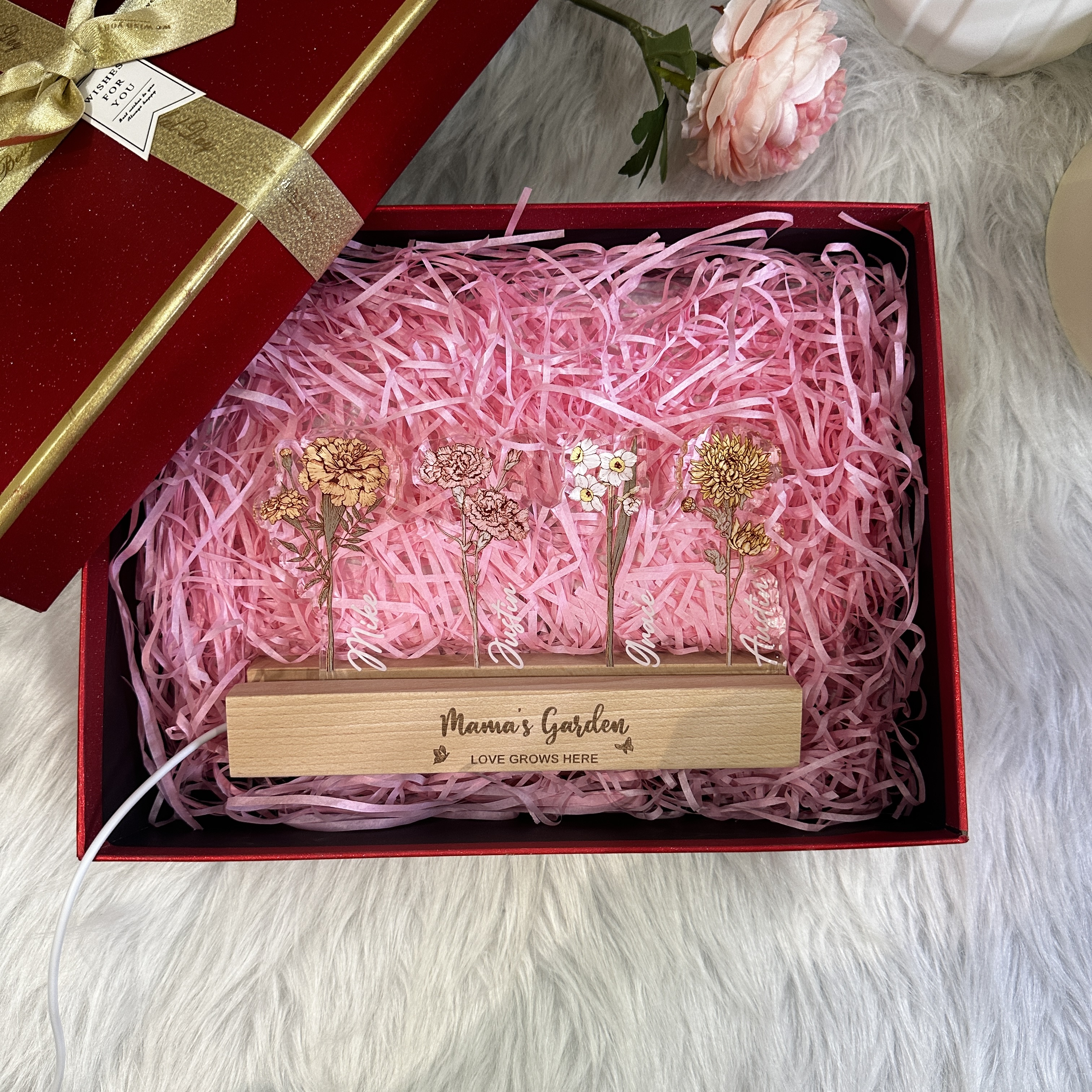 50%OFF❤️Personalized Mom's Garden Birth Flowers 3D 15mm Thick Acrylic Crystal Light