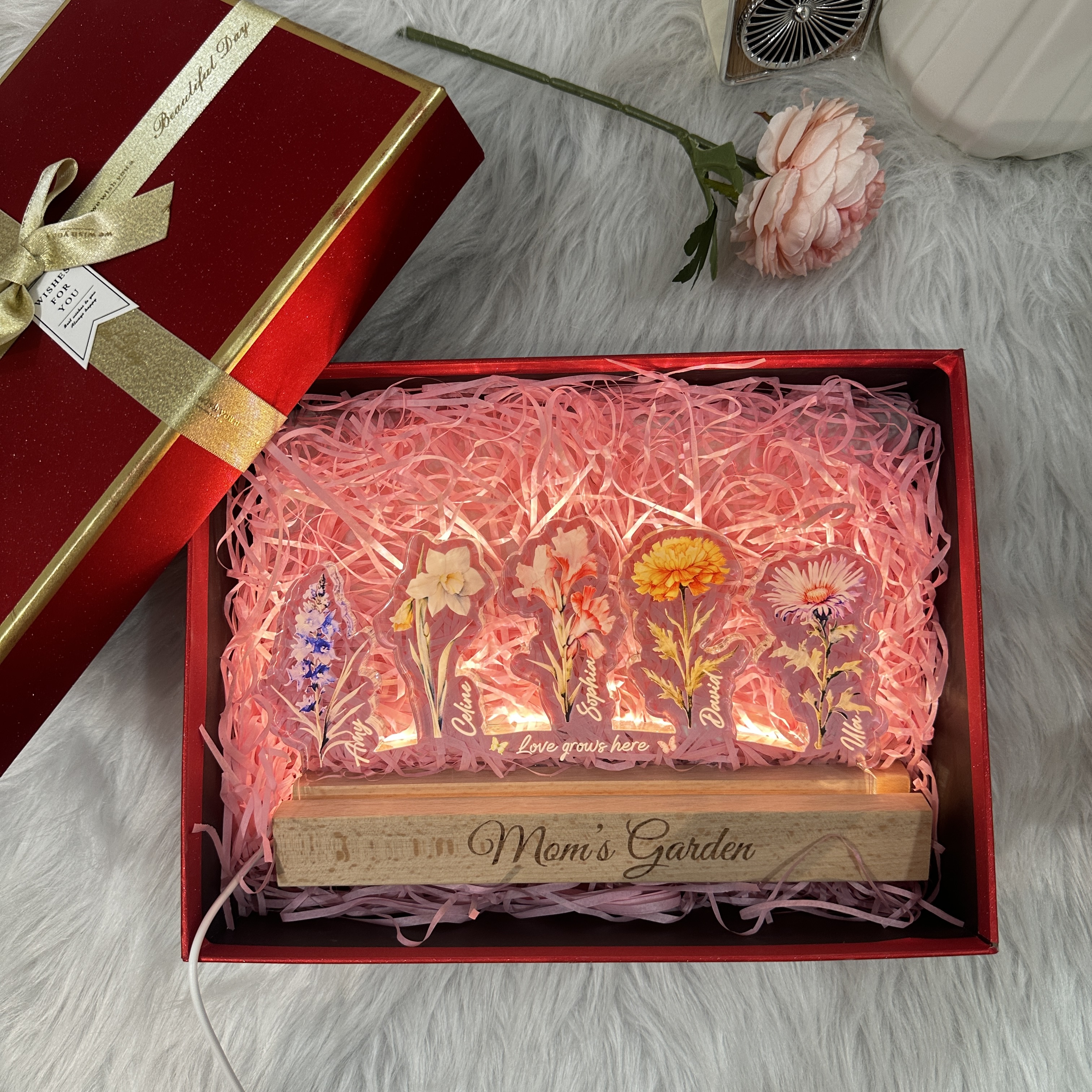 50%OFF❤️Personalized Arch Mom's Garden Birth Flowers 3D 15mm Thick Acrylic Crystal Light