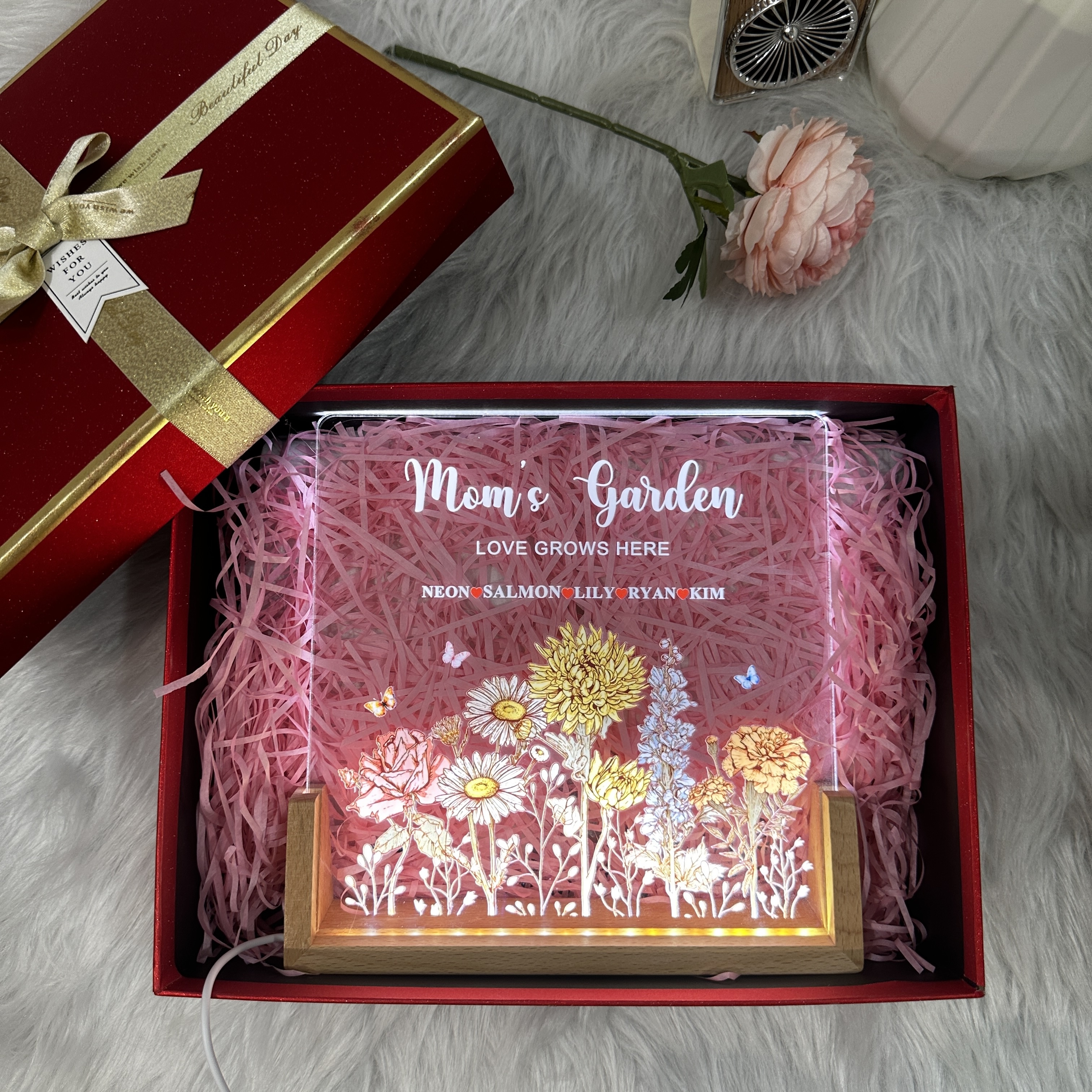 50%OFF❤️Customized Mom's Garden Birth Month Flower Cluster Square LED Light 