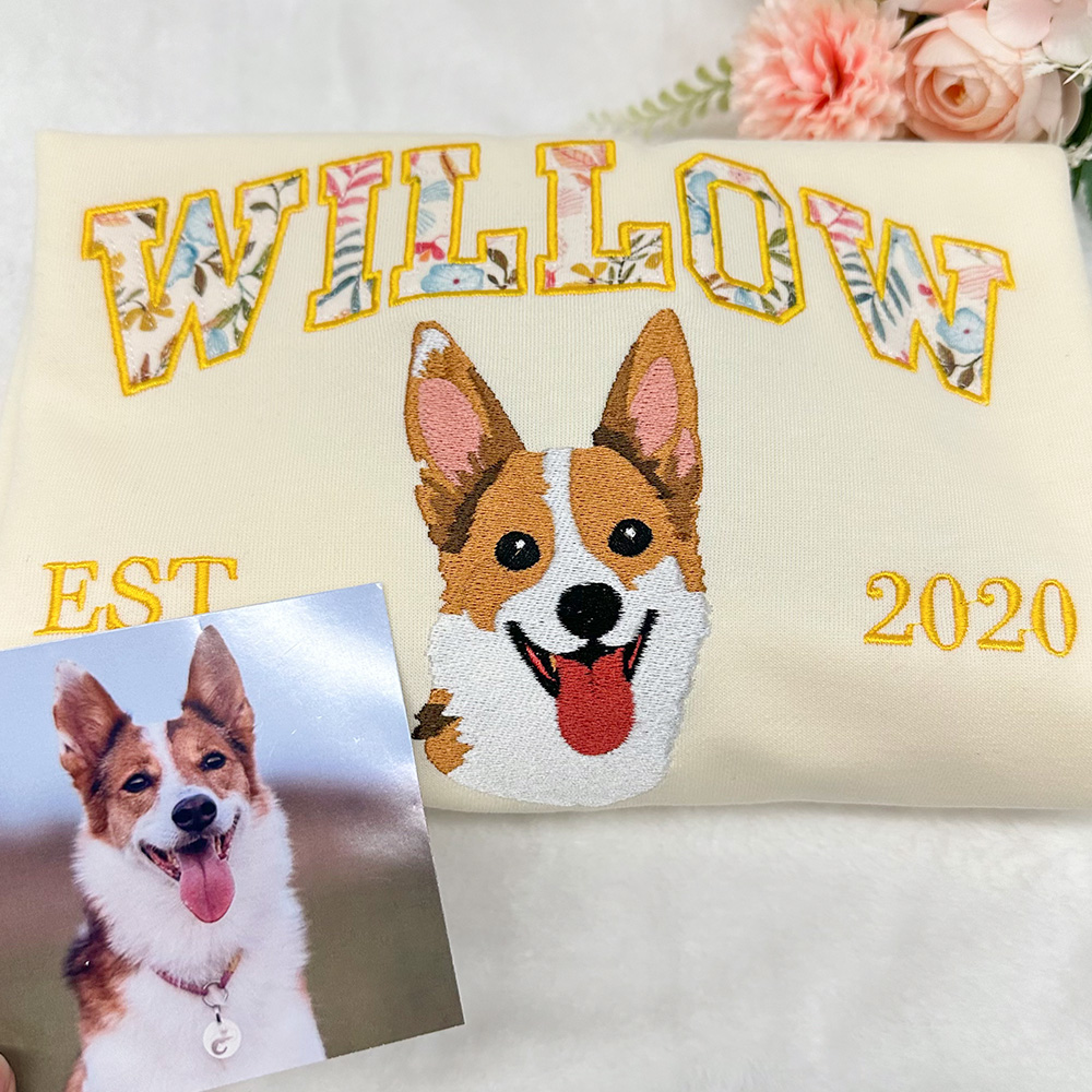 Custom Pet Portrait Floral Applique Embroidered Hoodie/Sweatshirt