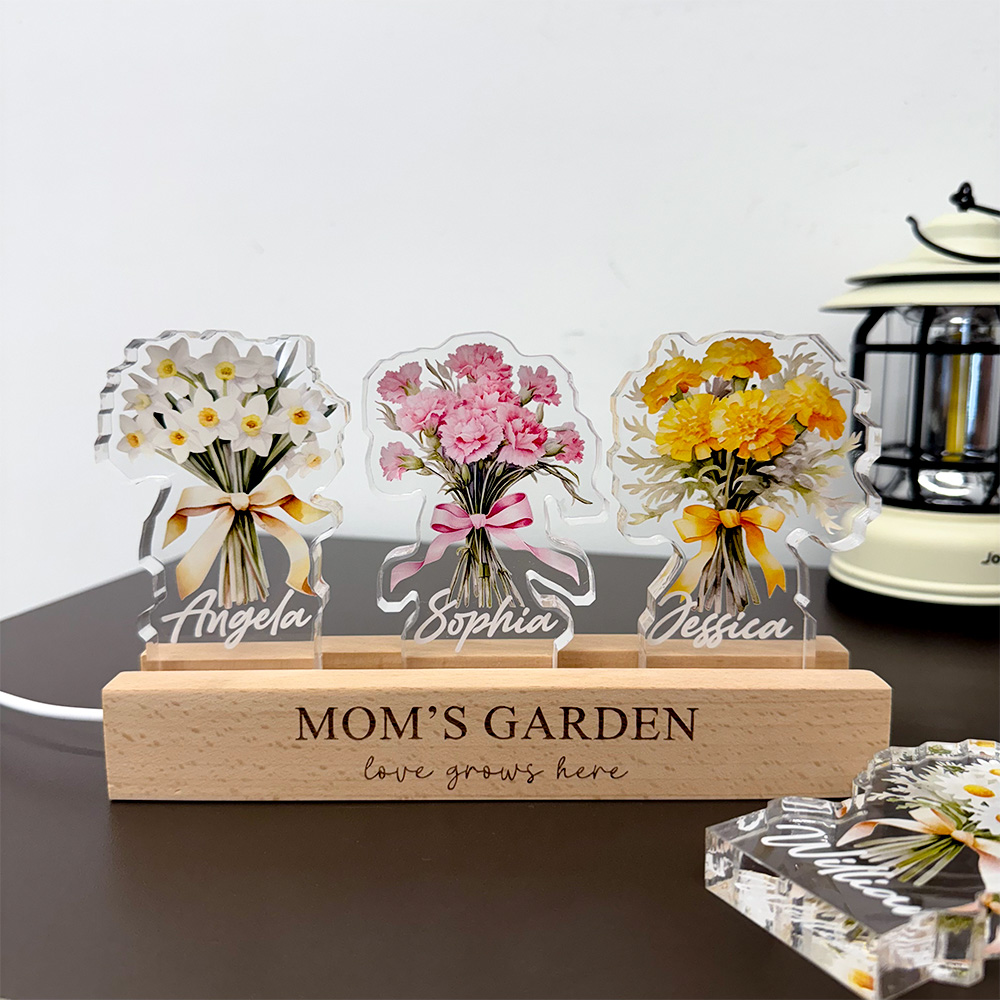 50%OFF✨3D Birth Flower Bouquet Custom Names Crystal Acrylic LED Light