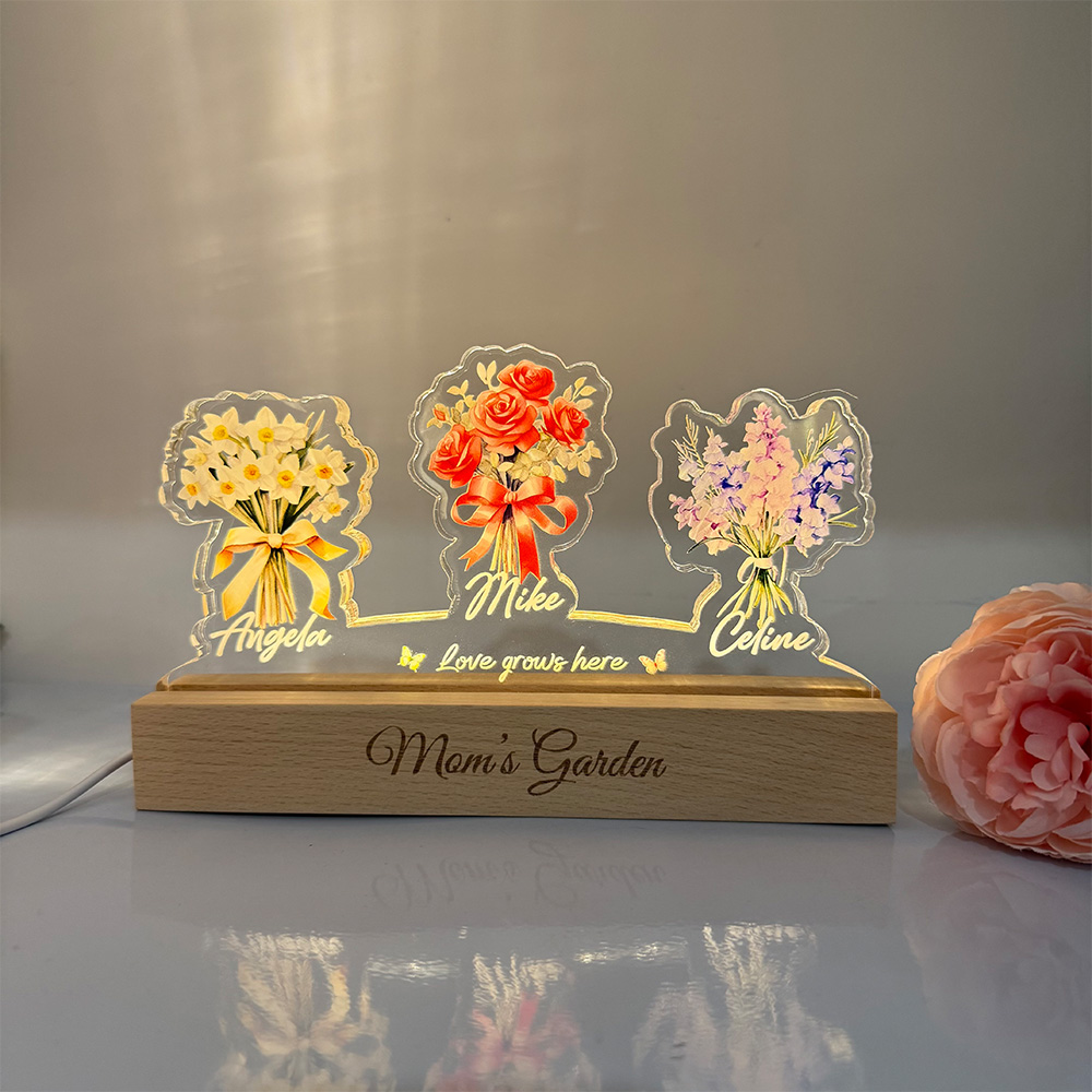 50%OFF✨Birth Flower Bouquet Custom Names 3D 15mm Thick Crystal Acrylic Light