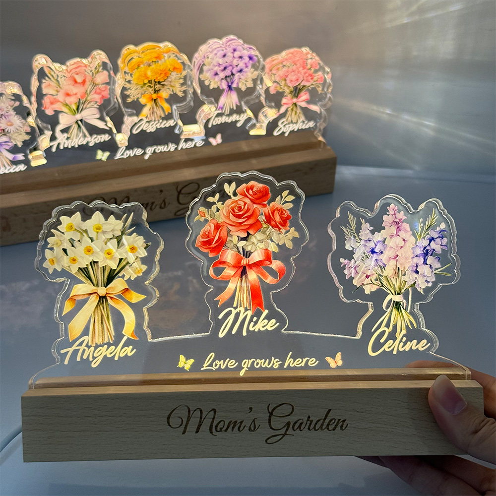 50%OFF✨Birth Flower Bouquet Custom Names 3D 15mm Thick Crystal Acrylic Light