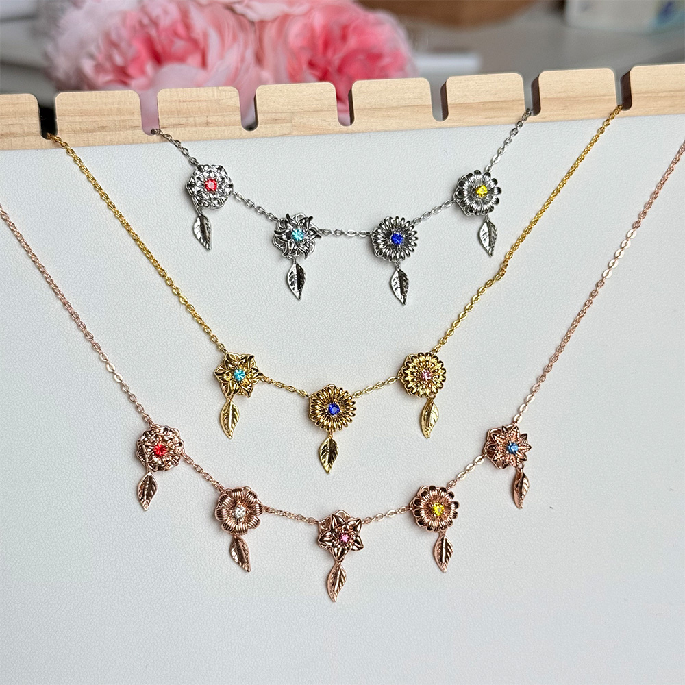 Personalized Birth Flower Fidget Spinner Necklace With Birthstone For Mom & Grandma