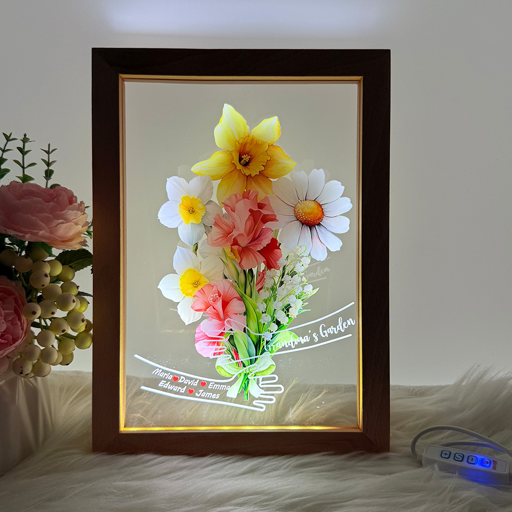 Custom Hug Birth Month Flower Bouquet with Names LED Night Light Frame