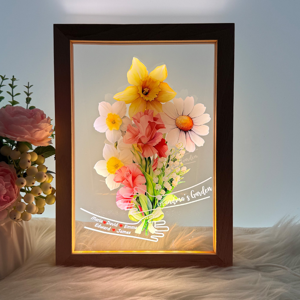 Custom Hug Birth Month Flower Bouquet with Names LED Night Light Frame