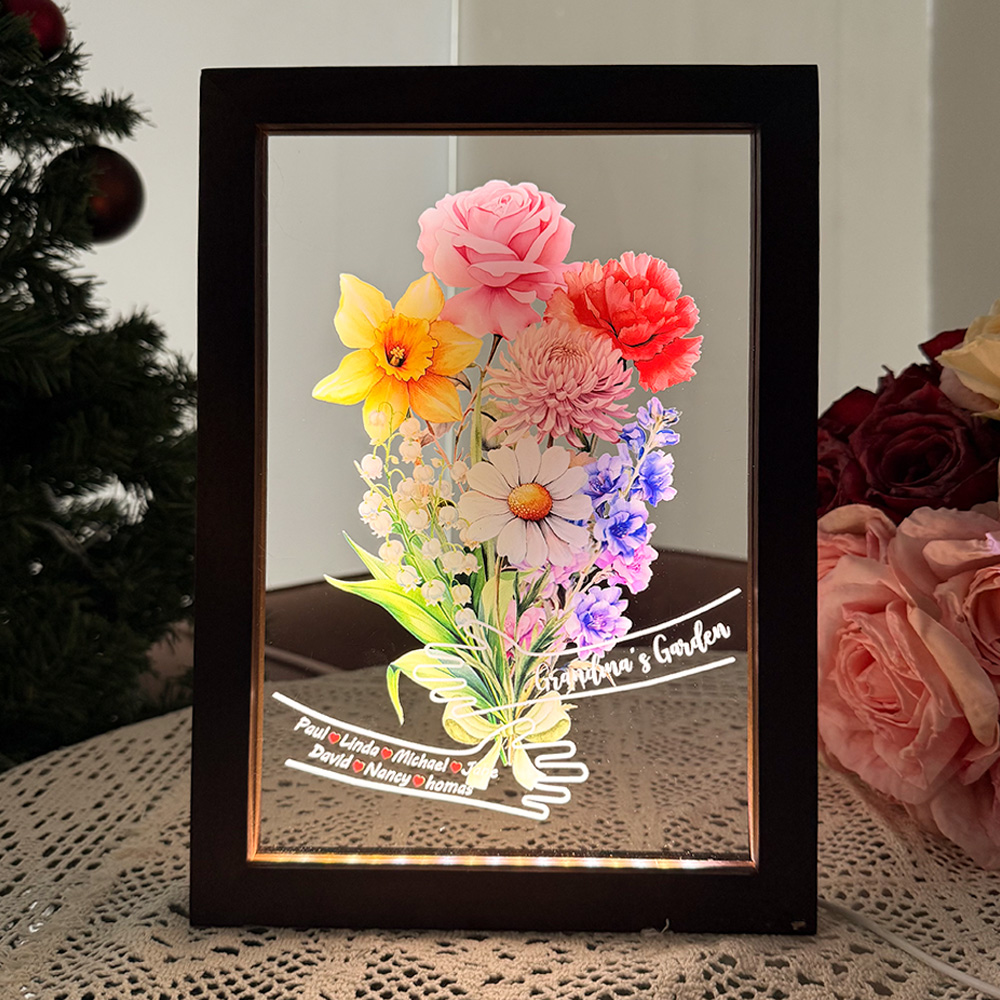 Custom Hug Birth Month Flower Bouquet with Names LED Night Light Frame