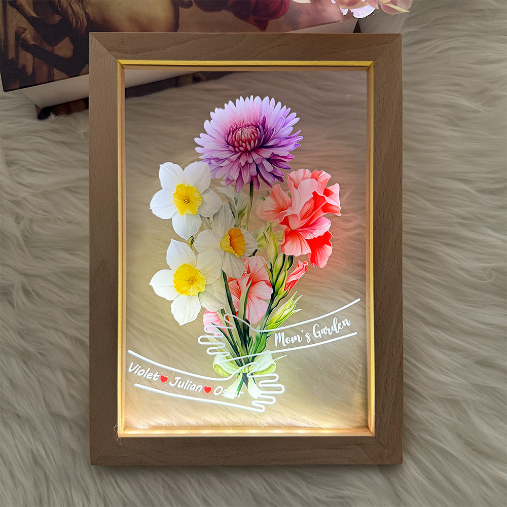 Custom Hug Birth Month Flower Bouquet with Names LED Night Light Frame