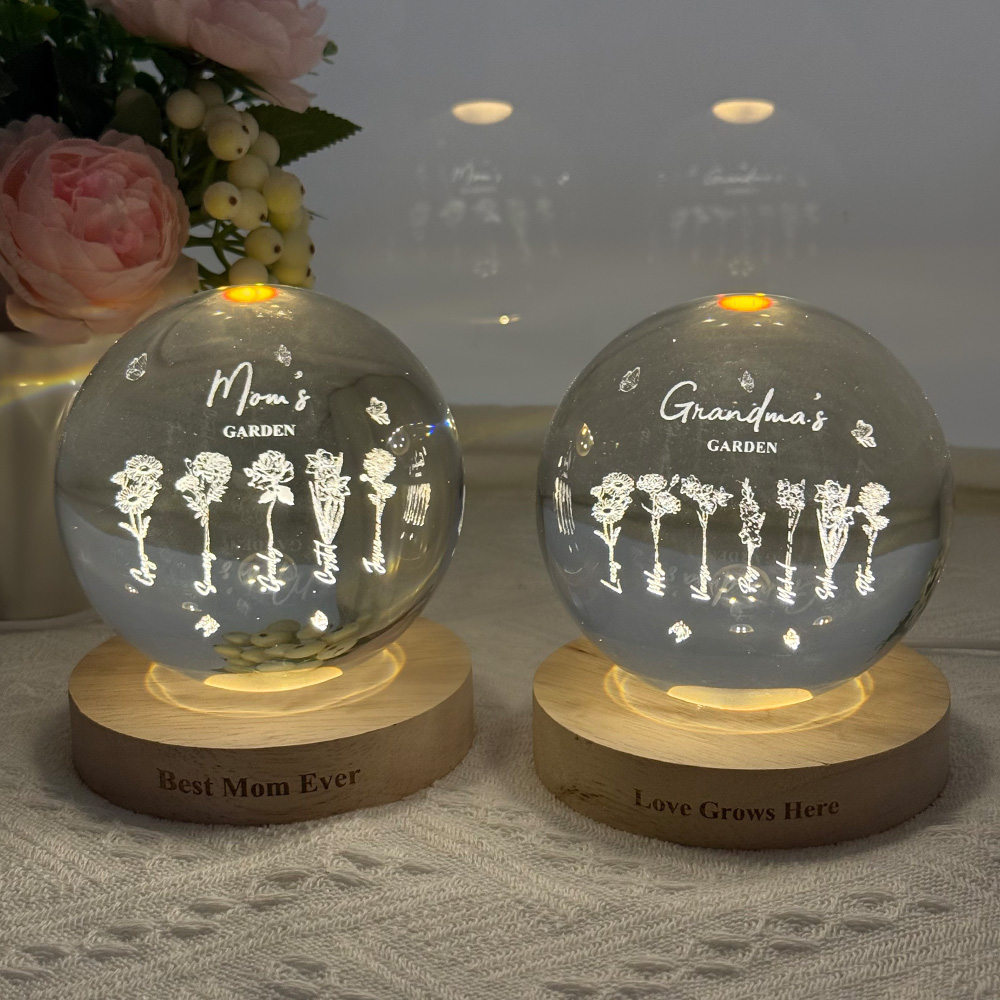 50% off🔮Custom Birth Flower with Names Crystal Ball LED Night Light