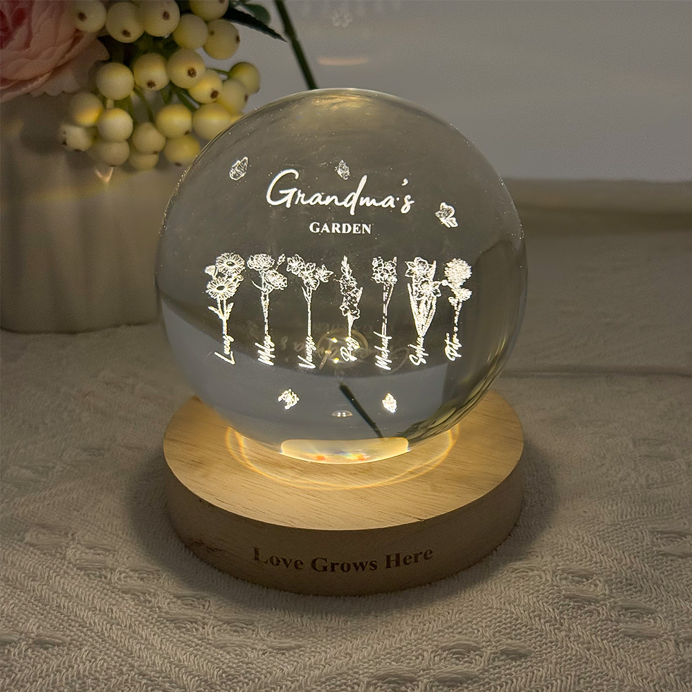 50% off🔮Custom Birth Flower with Names Crystal Ball LED Night Light