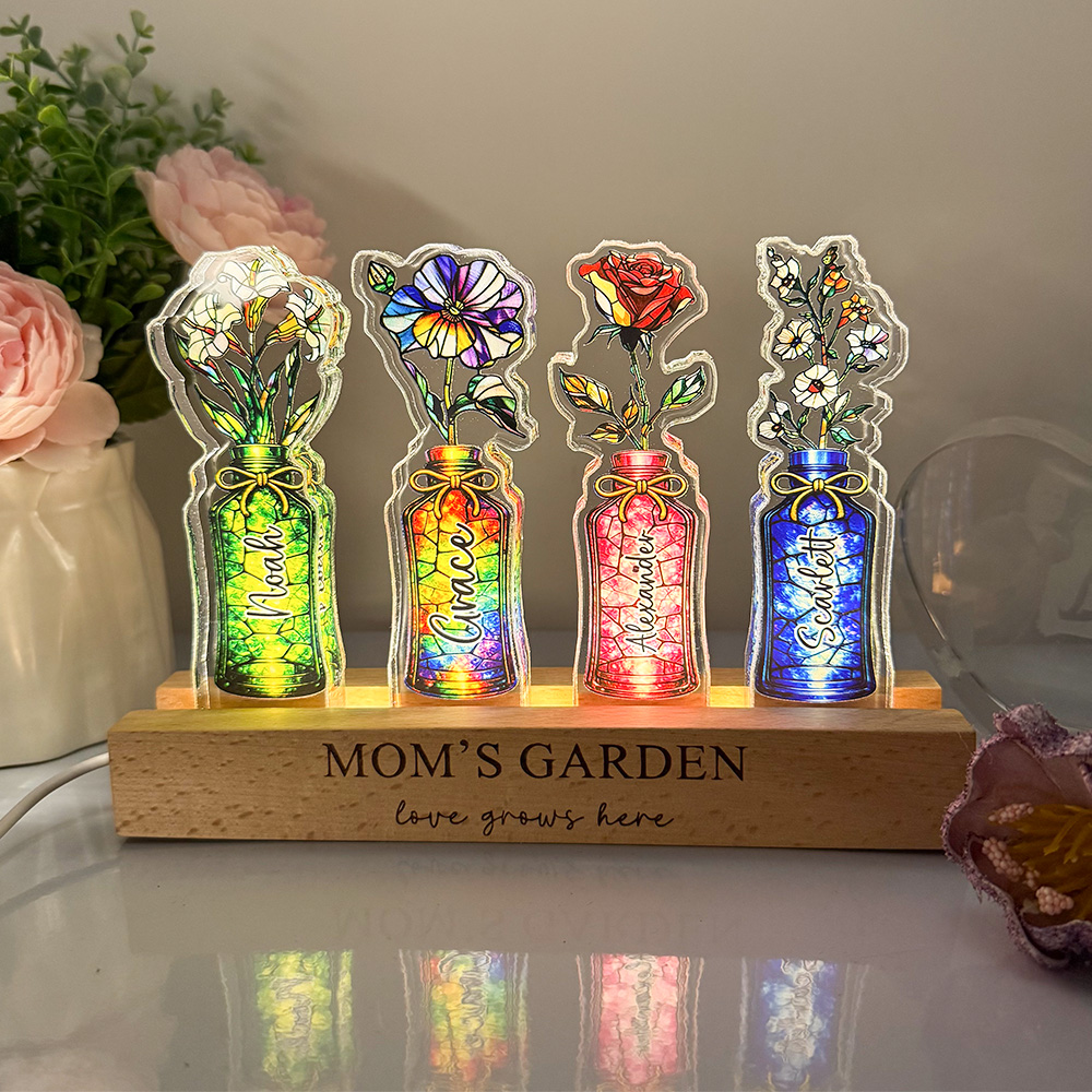 Mom's Garden Custom Birth Flower&Name 3D 15mm Thick Crystal Acrylic Light