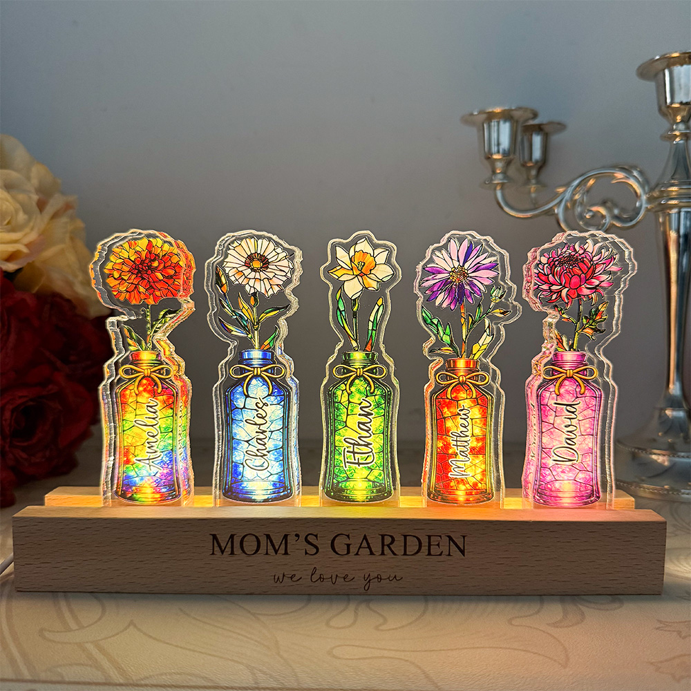 Mom's Garden Custom Birth Flower&Name 3D 15mm Thick Crystal Acrylic Light