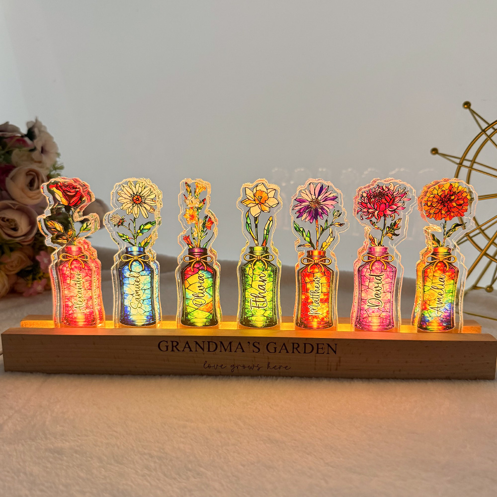 Mom's Garden Custom Birth Flower&Name 3D 15mm Thick Crystal Acrylic Light
