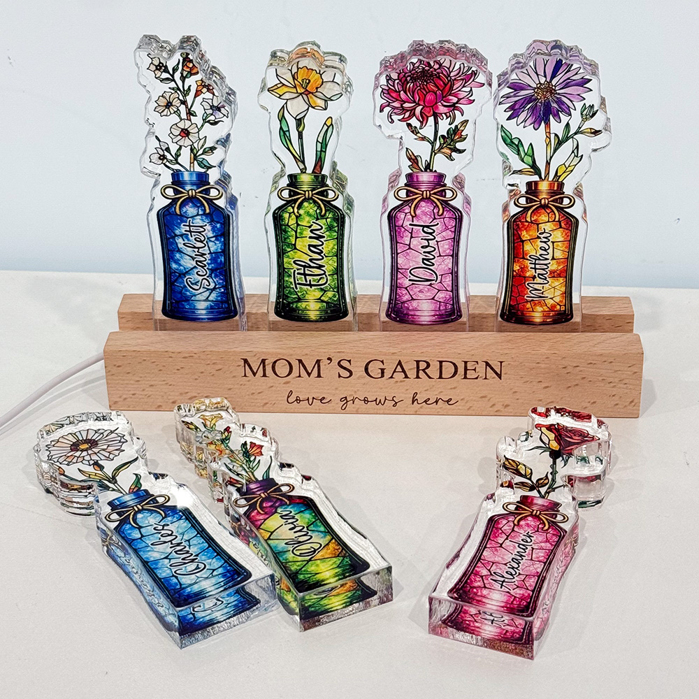 Mom's Garden Custom Birth Flower&Name 3D 15mm Thick Crystal Acrylic Light