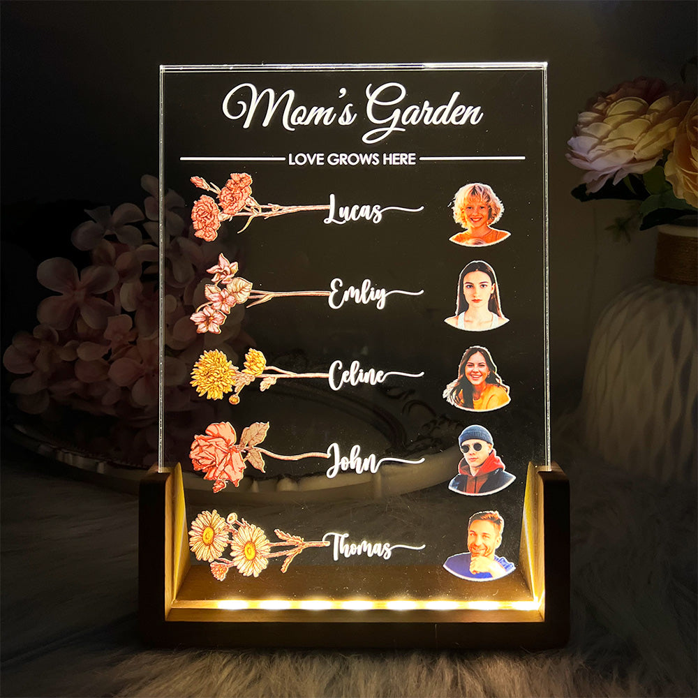 Let Love Grow In Mom's Garden Custom Family Birth Flower With Name & Photo Led Light