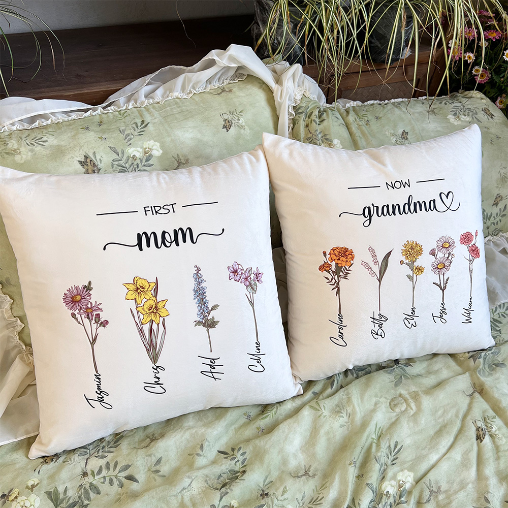 50%OFF⭐️Birth Month Flower Customized Pillow Cushion, First Mom Now Grandma