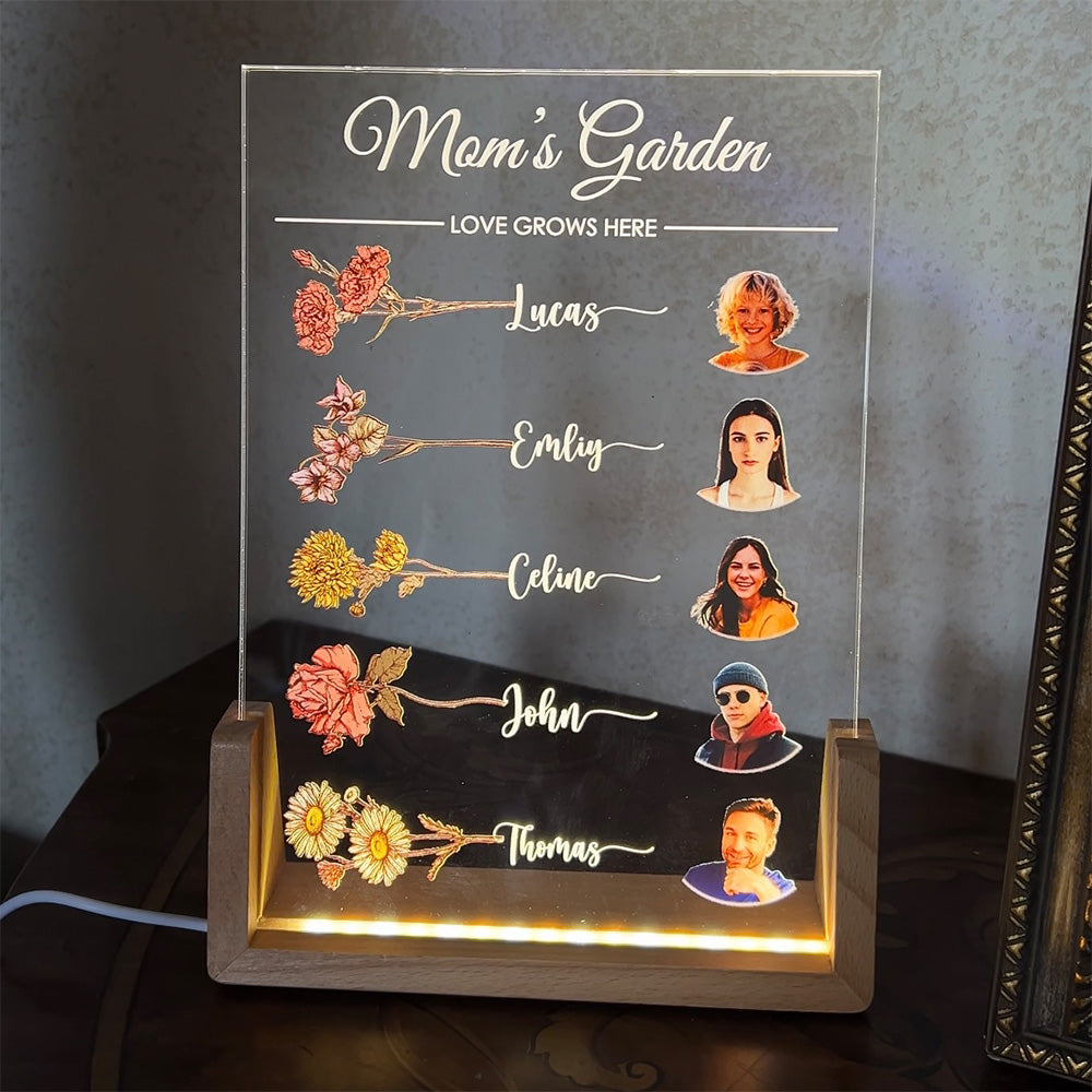 Let Love Grow In Mom's Garden Custom Family Birth Flower With Name & Photo Led Light