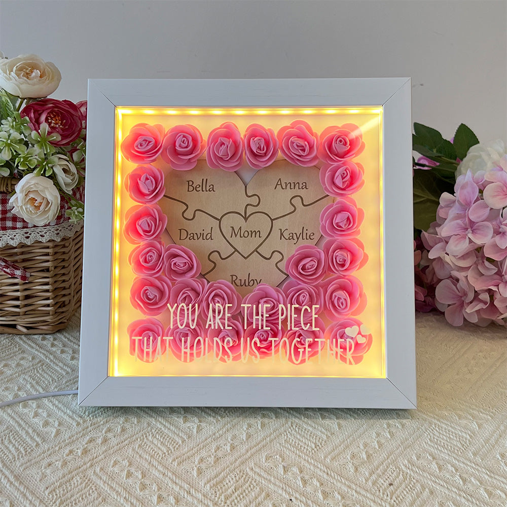 50% OFF🌸Personalized Puzzle Piece Mom Heart Shaped Flower Shadow LED Box