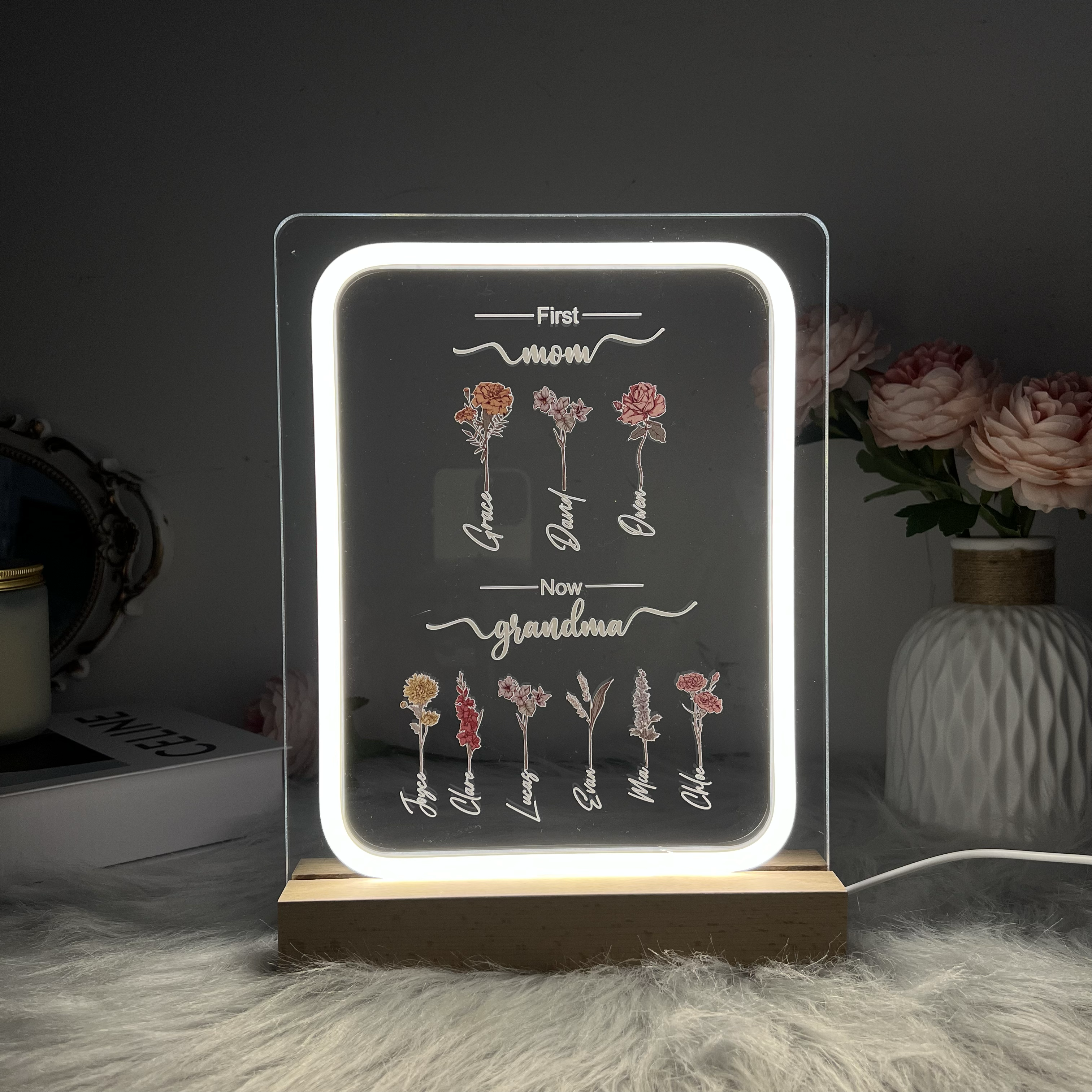 Personalized Birth Month Flowers First Mom Now Grandma Night Light Gift