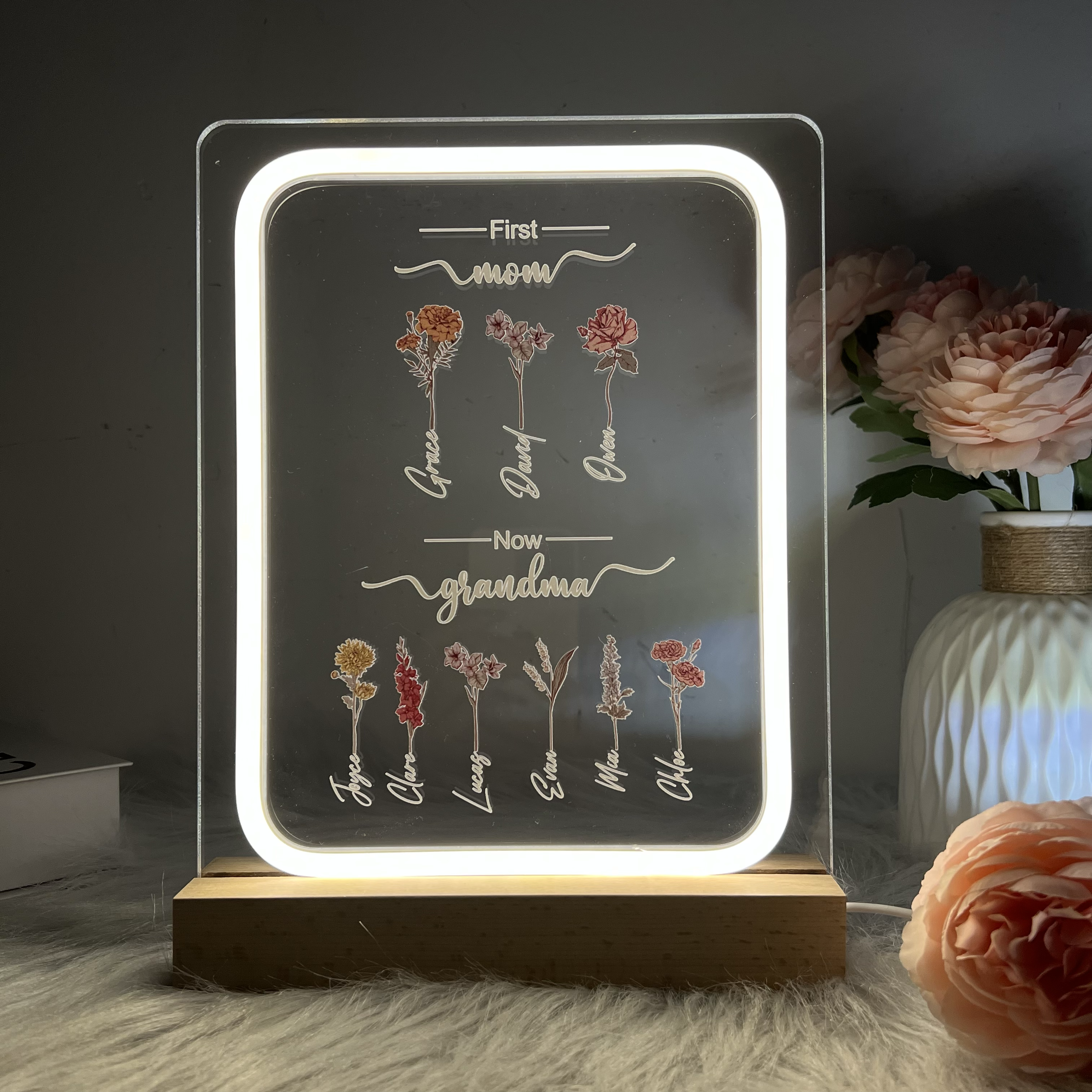 Personalized Birth Month Flowers First Mom Now Grandma Night Light Gift