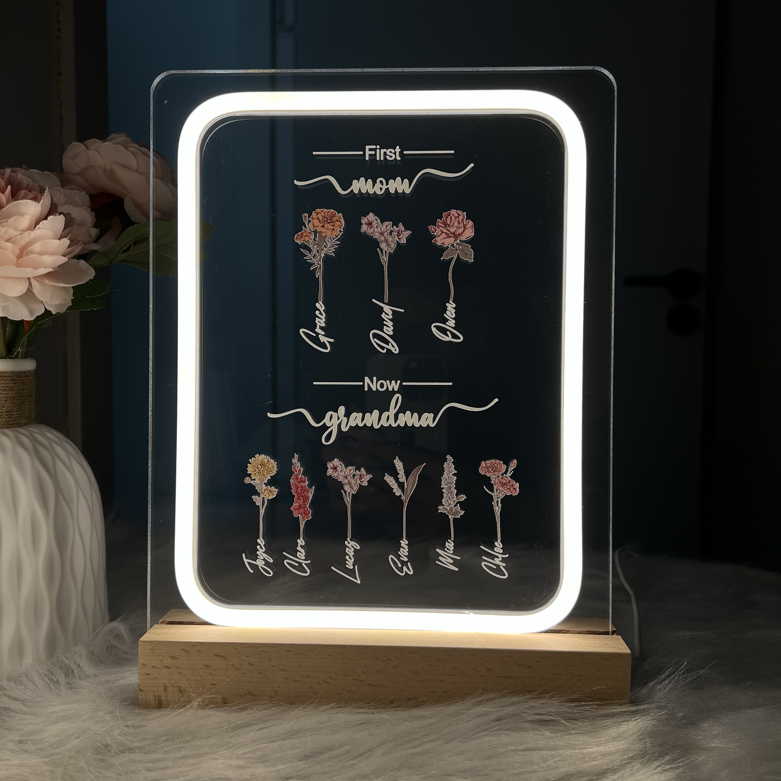 Personalized Birth Month Flowers First Mom Now Grandma Night Light Gift