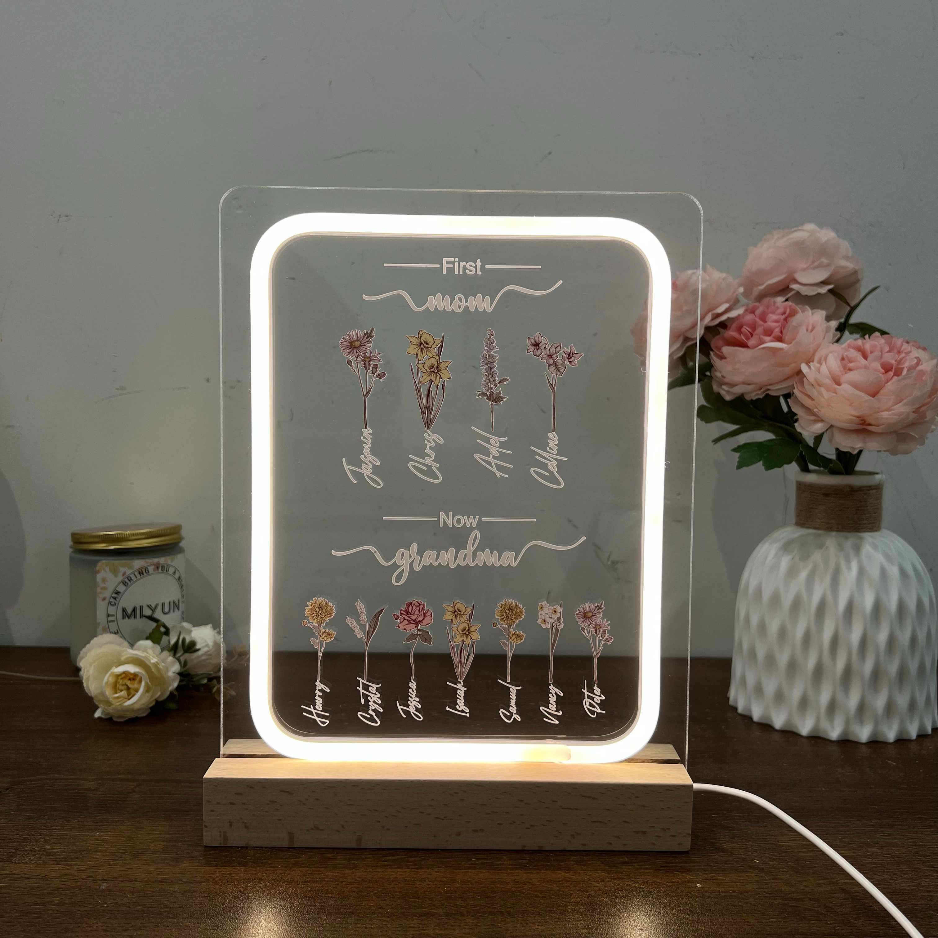Personalized Birth Month Flowers First Mom Now Grandma Night Light Gift