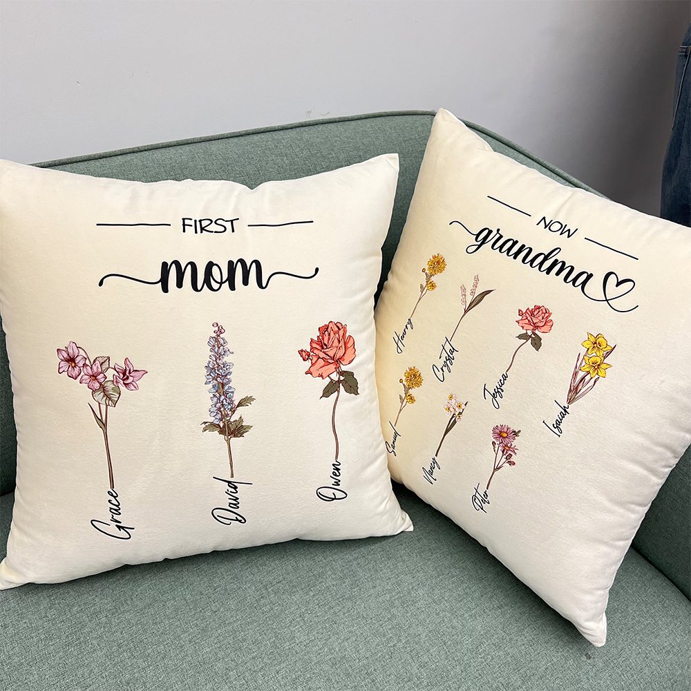 50%OFF⭐️Birth Month Flower Customized Pillow Cushion, First Mom Now Grandma