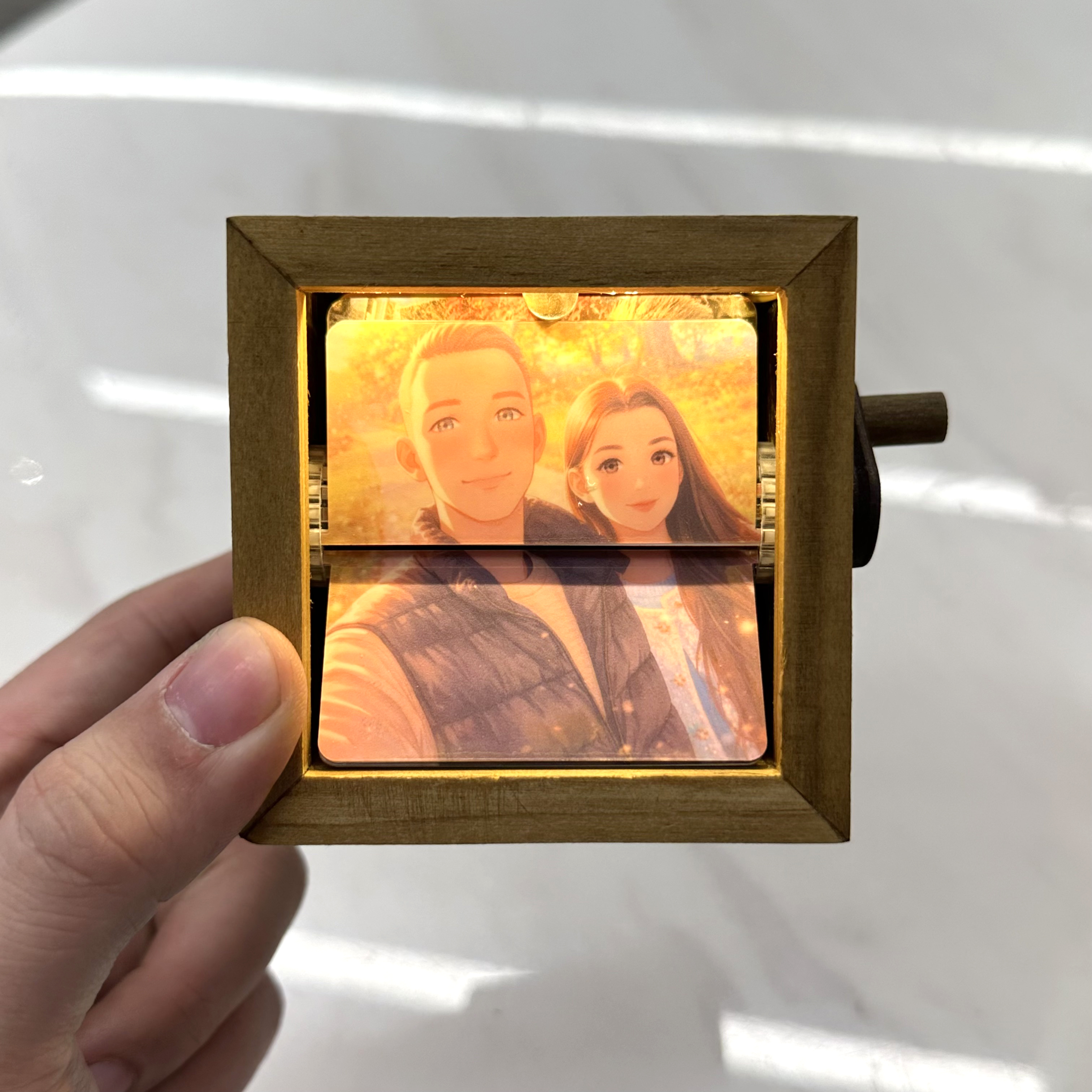 💗Custom Hand-Crank Flipbook Cartoon Photo Wood LED Box Gift for Her/Him
