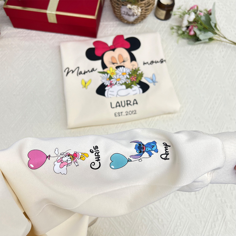 50% OFF 🐭Custom Mama Mouse Sweatshirt, Mama Est with Kid Name on Sleeve Sweatshirt