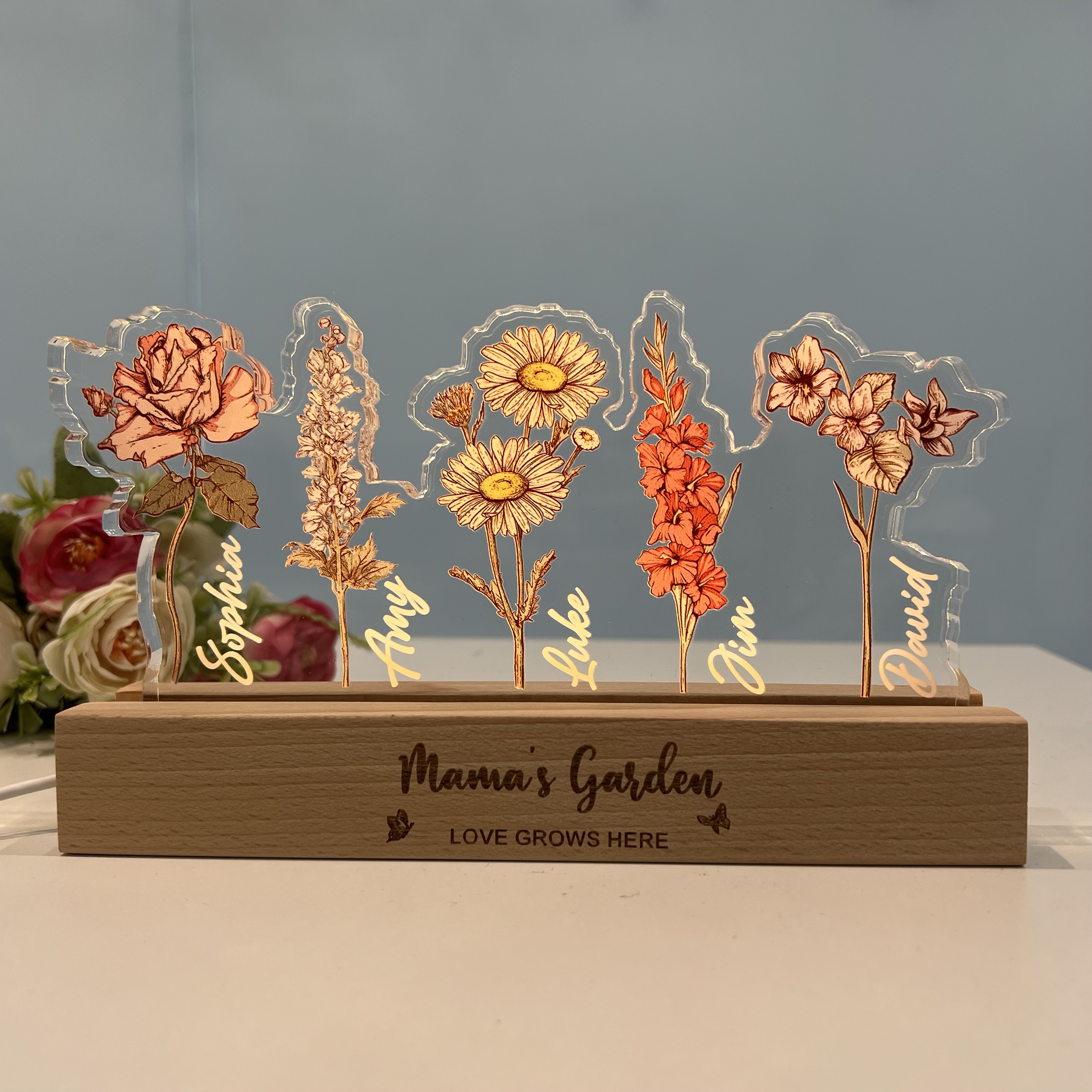 Personalized Mom's Garden Birth Month Flowers 3D Acrylic LED Light（Thick Version）