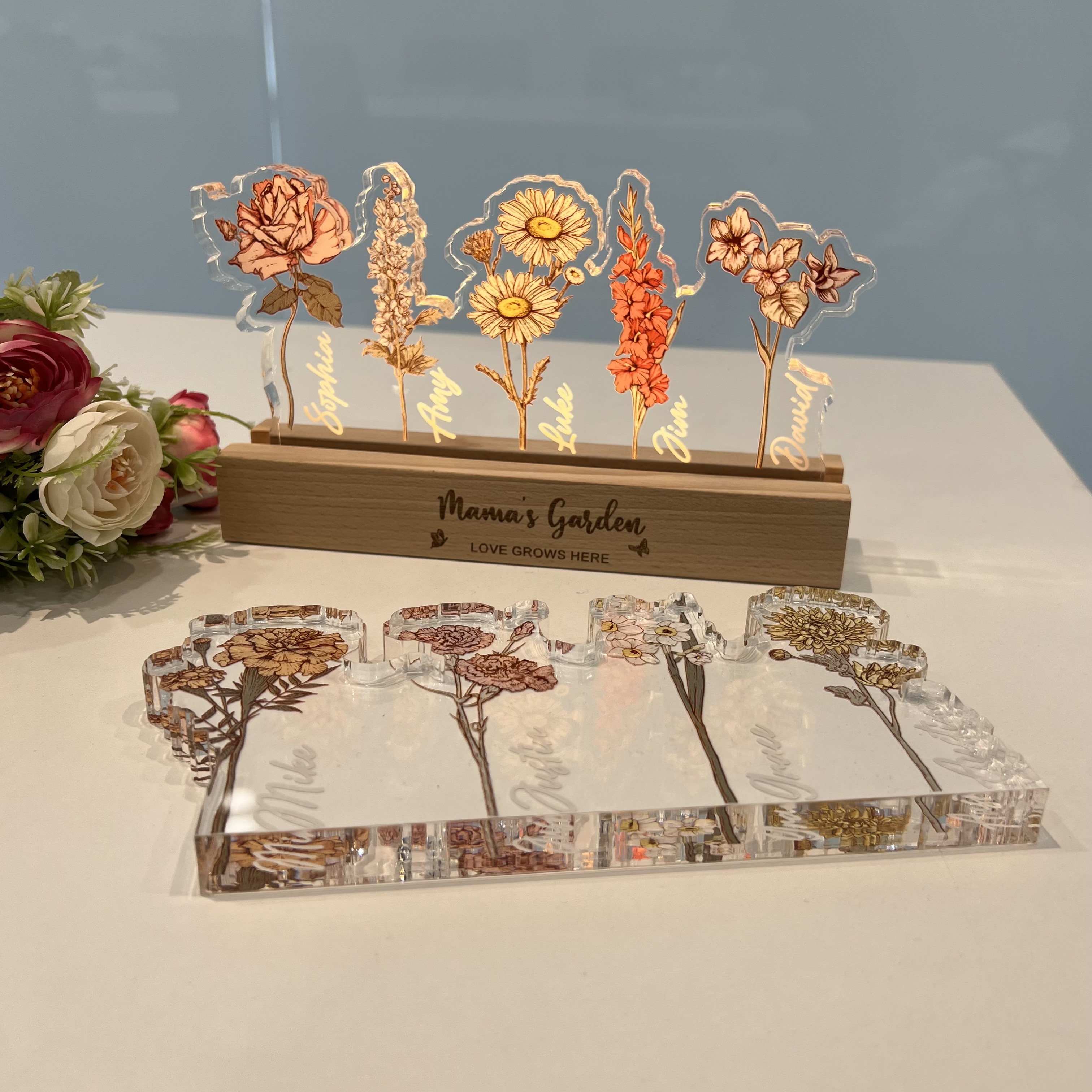 Personalized Mom's Garden Birth Month Flowers 3D Acrylic LED Light（Thick Version）
